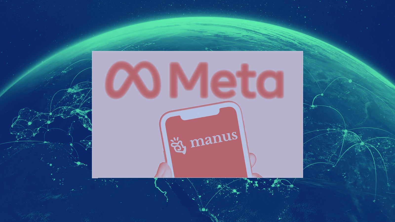 A hand holding a smartphone displaying the "manus" app in front of a blurred "Meta" logo and a globe with network connections.