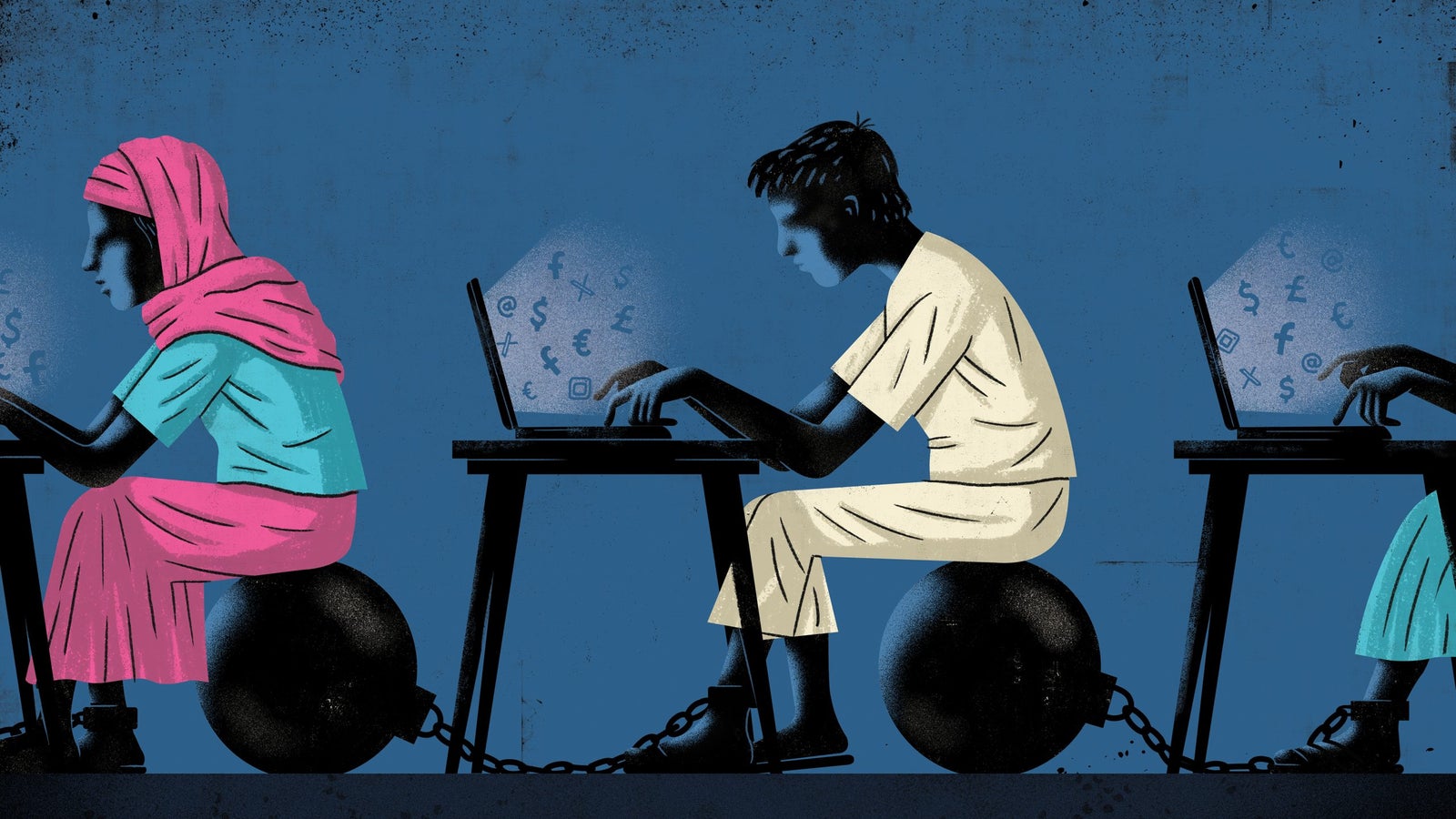 An illustration depicting three figures, chained to heavy balls, seated at desks with laptops. The figure on the left, wearing a pink hijab and a turquoise shirt, looks focused at her screen displaying various currency symbols. The central figure, dressed in a white outfit, is intently typing while looking down at his laptop, which also shows finance-related icons. The third figure, similarly chained and in casual attire, is engaged with another laptop, emphasizing a theme of digital labor and entrapment against a blue textured background.