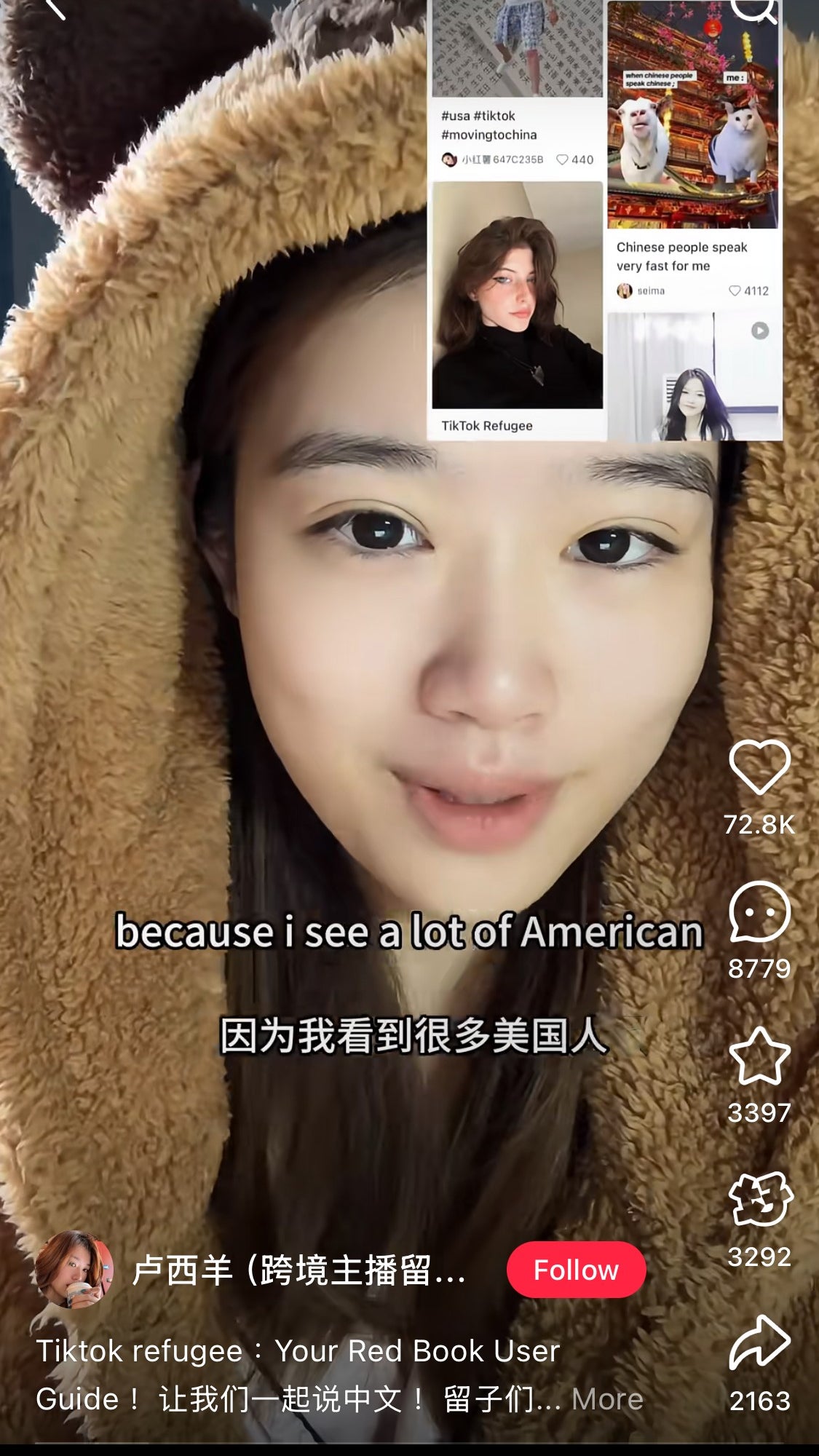 A close-up of a young woman wearing a furry hood, smiling while speaking into the camera. Text overlays in English and Chinese are present, discussing American people. Various TikTok thumbnails are visible in the background.