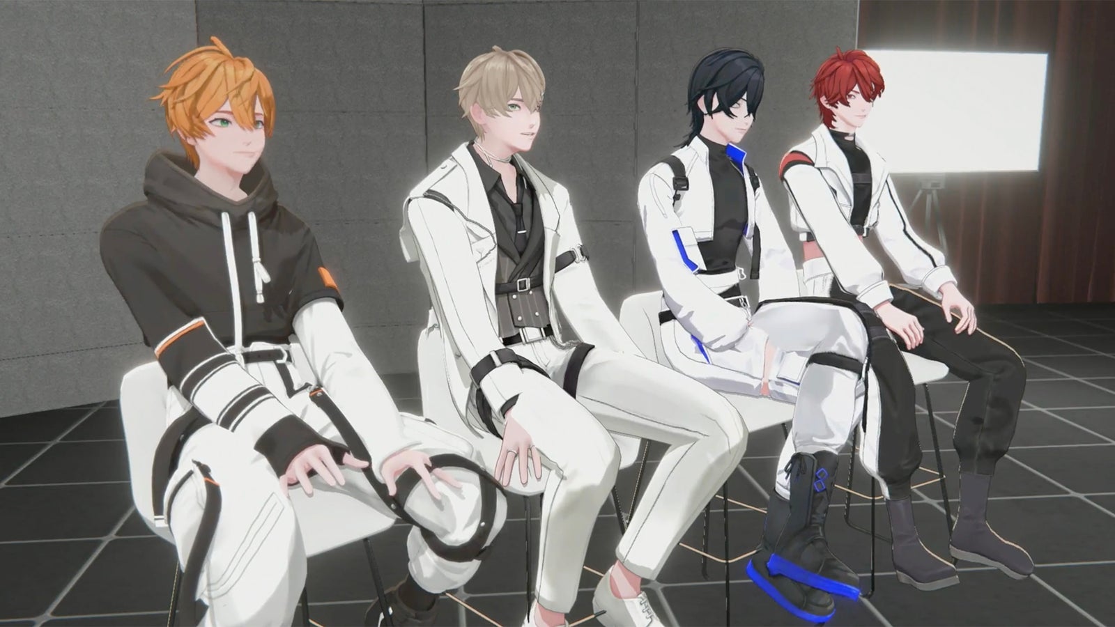 Four stylized male characters seated on chairs, each wearing futuristic outfits in white and black tones with varying accents. The first character has orange hair and a black hoodie, the second has light blond hair with a stylish cut, the third has dark hair with a blue accent, and the last has red hair. They are situated in a modern, minimalist setting with a gray background and a reflective floor.