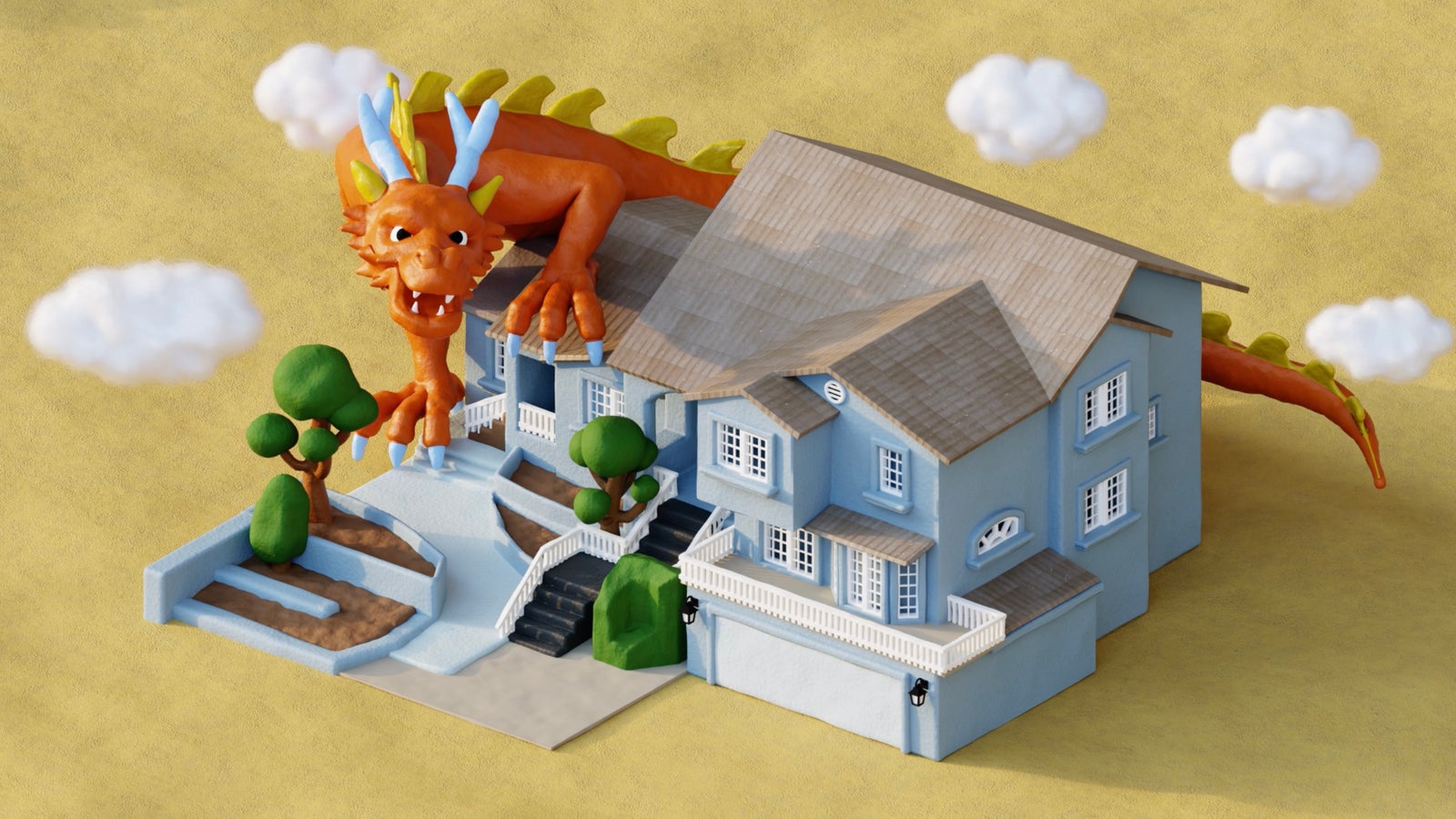 A whimsical blue house with a dragon playfully perched on top, surrounded by green trees and fluffy clouds.