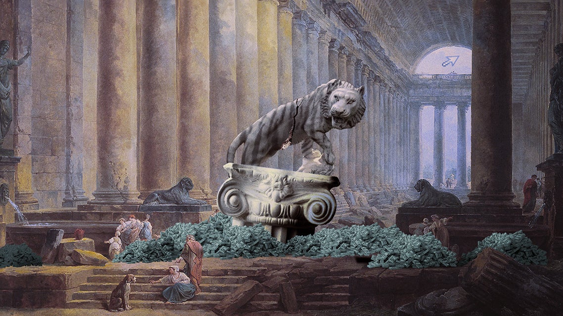 A stone lion statue stands atop a broken column, surrounded by piles of greenery in an ancient ruin setting.