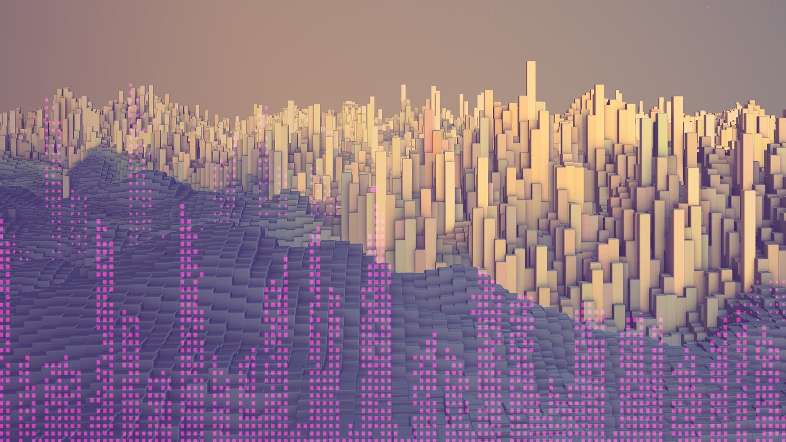 A digital landscape features towering geometric structures in varying heights, with a gradient background blending warm colors.