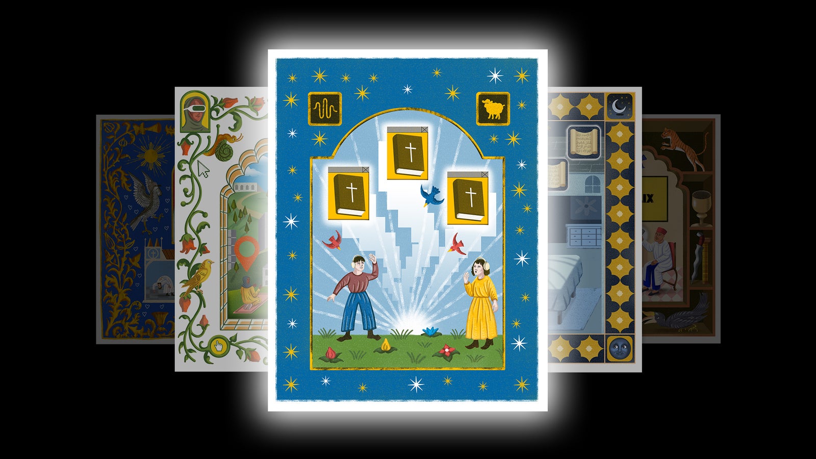 Illustration of two people wearing headphones in historical clothing standing on a grassy field with flowers. Above them are three books with crosses on the covers, emitting rays of light.
