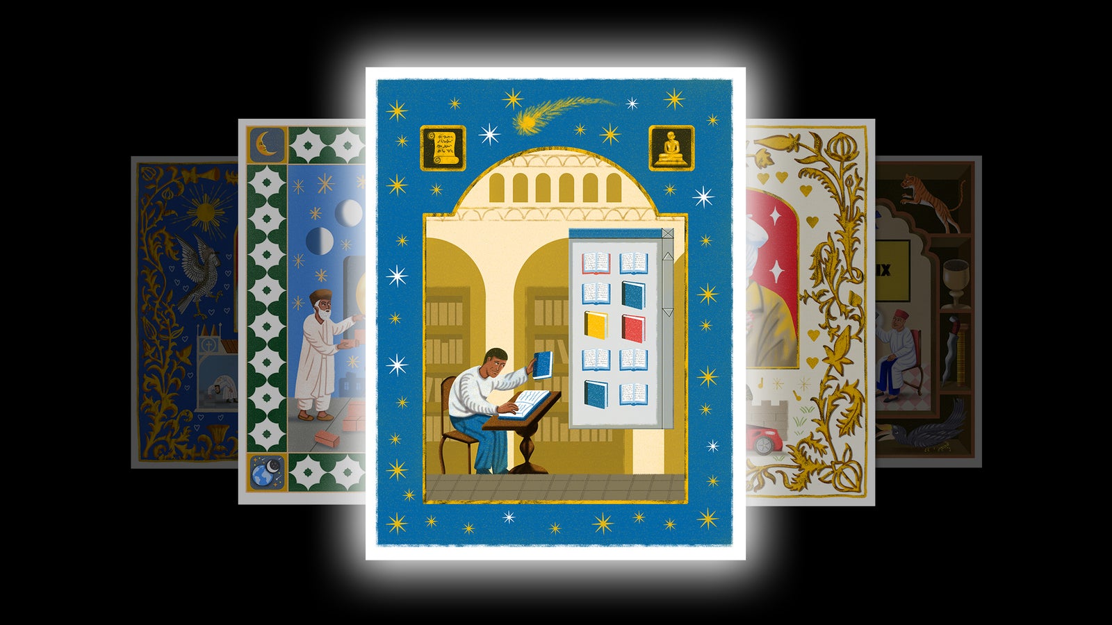 Illustration of a man reading a book in a library, surrounded by stars and icons of ancient symbols and a seated figure, with a digital bookshelf displaying various book covers.