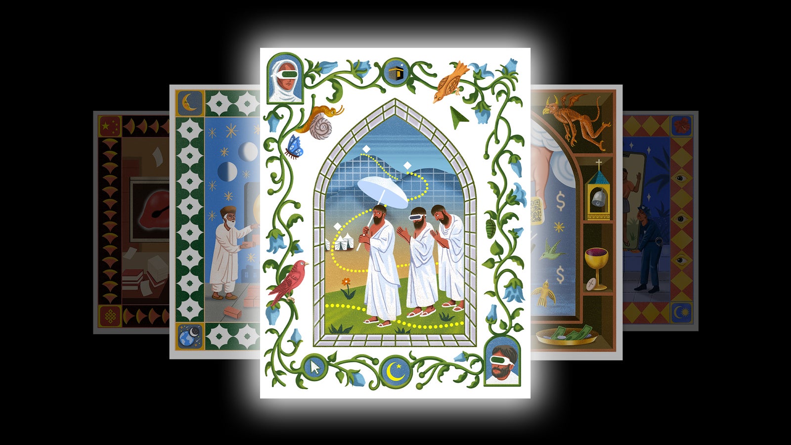 Illustration of three people in white robes,one carrying an umbrella and one wearing a VR headset, surrounded by a decorative border.
