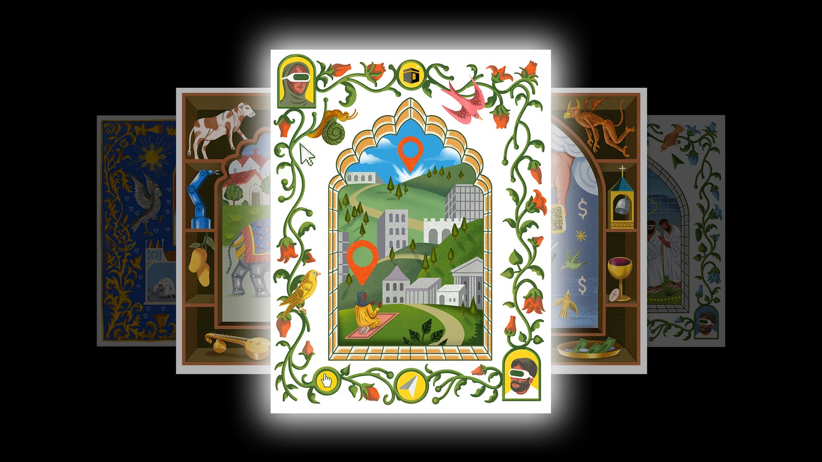 Illustration of a medieval-style landscape with buildings and trees, framed with floral and animal patterns. In the center, a person sits on a mat with orange location markers.