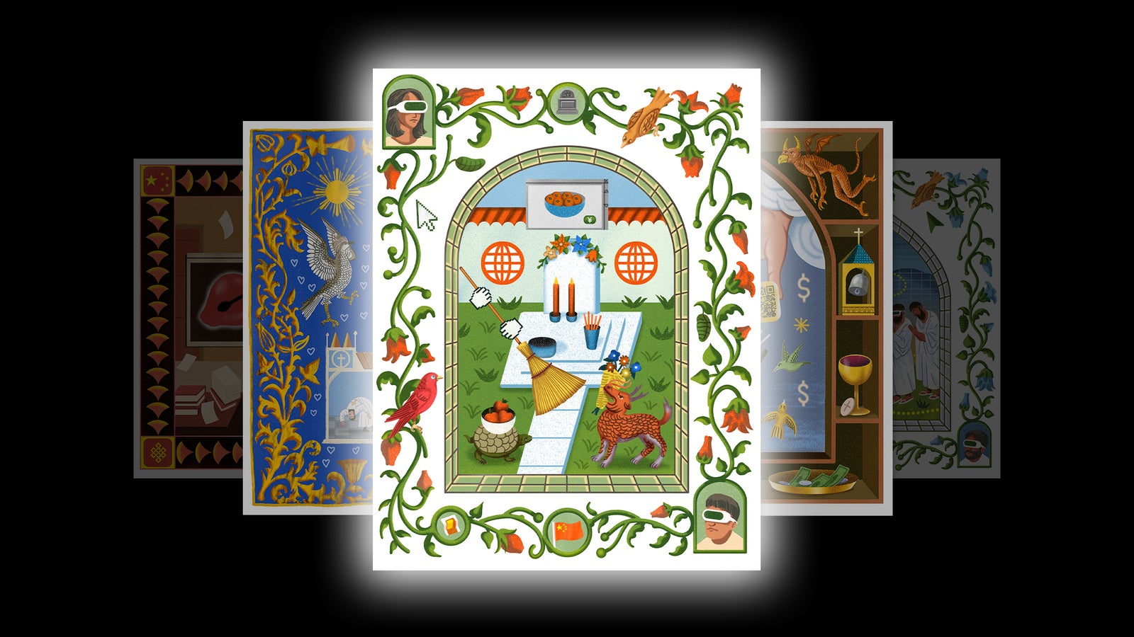 Illustration of a garden where two gloved hands hold a broom and a paintbrush, surrounded by a colorful mythical creatures.