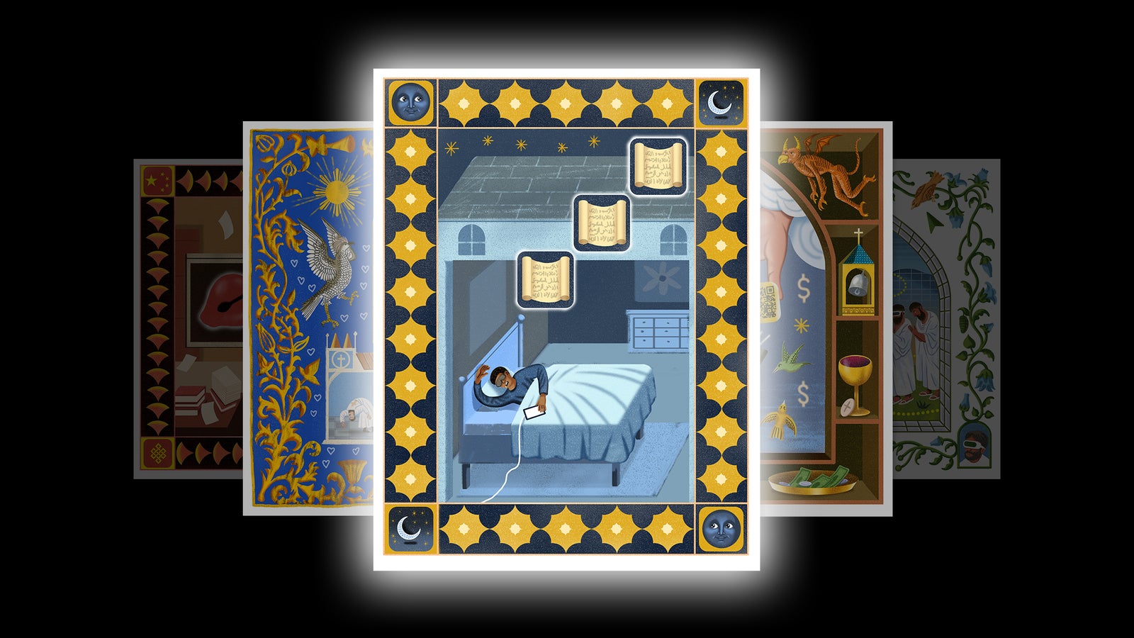 Illustration of a person sleeping in bed, wearing an eye mask and holding a plugged-in smartphone in their hand. Three prayer scrolls are suspended above with arabic-style text.