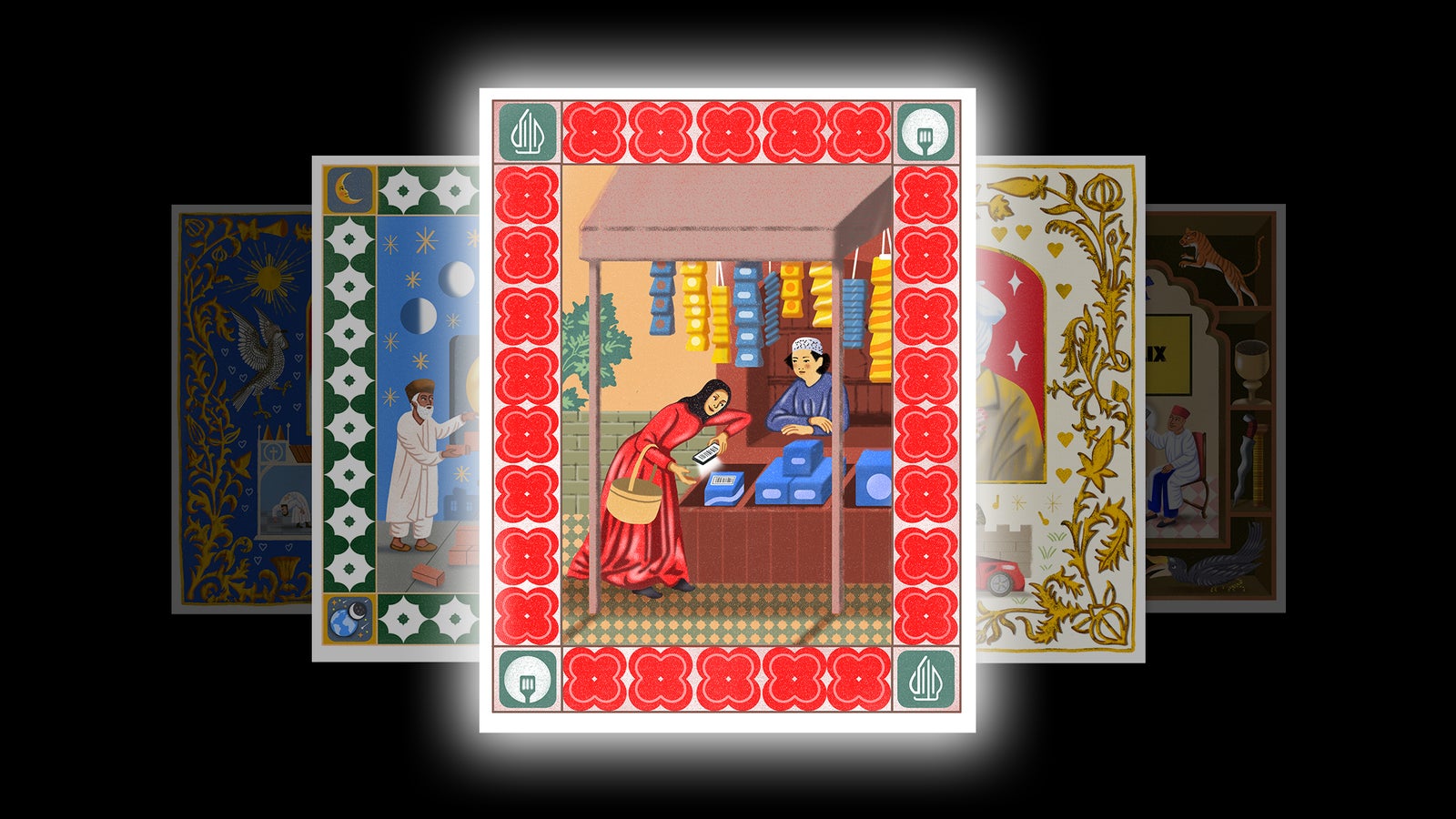 Illustration of a woman in a red dress shopping at an outdoor market stall, holding a phone and a basket, with a vendor behind the counter.