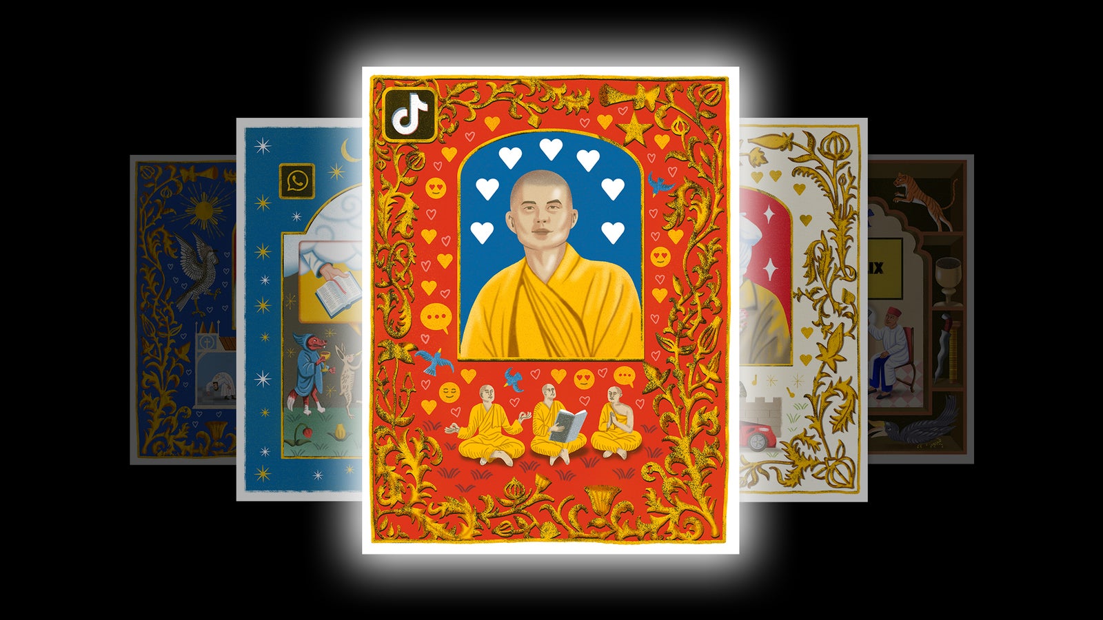 Illustration depicting the Vietnamese monk, Giac Minh Luat, surrounded by heart and smile emojis with monks praying cross-legged.