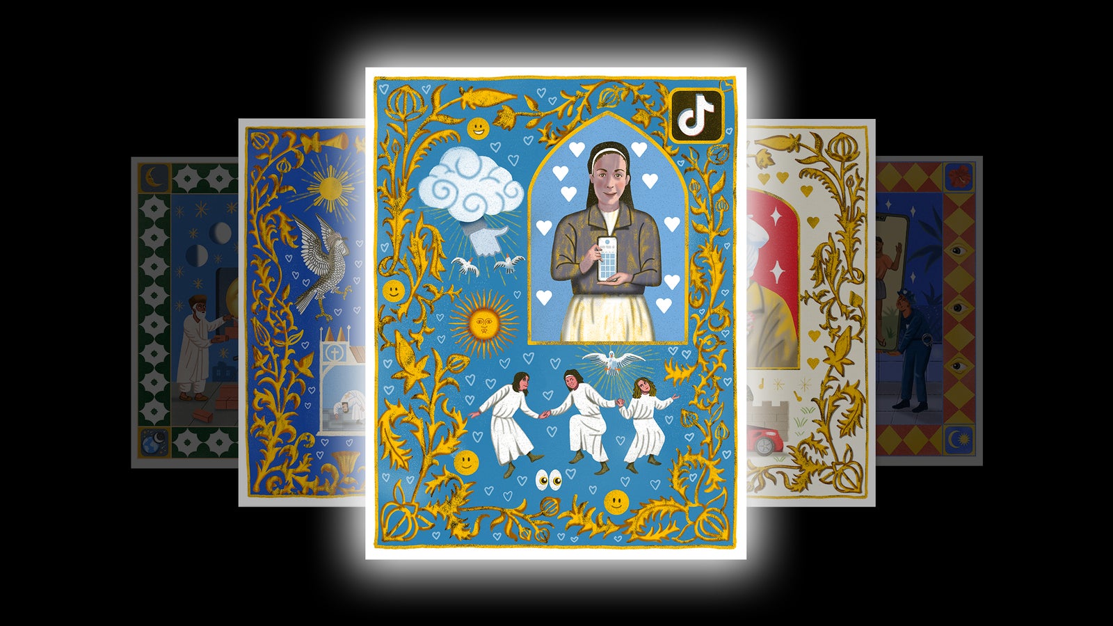 Illustration depicting the TikTok nun, Josefina Cattaneo. She holds a phone in her hand and three nuns folic below her surrounded by whimsical and joyful elements.