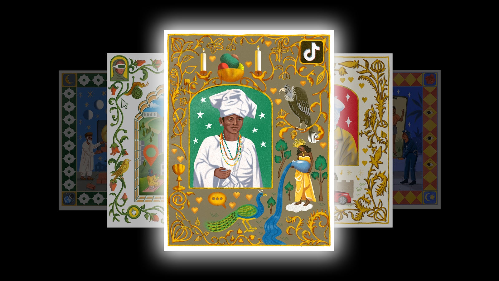 Illustration depicting Osunsemilore Adetutu, an Oshun priestess in white attire and headwrap with beaded necklaces. The background includes a peacock, and a woman pouring water.
