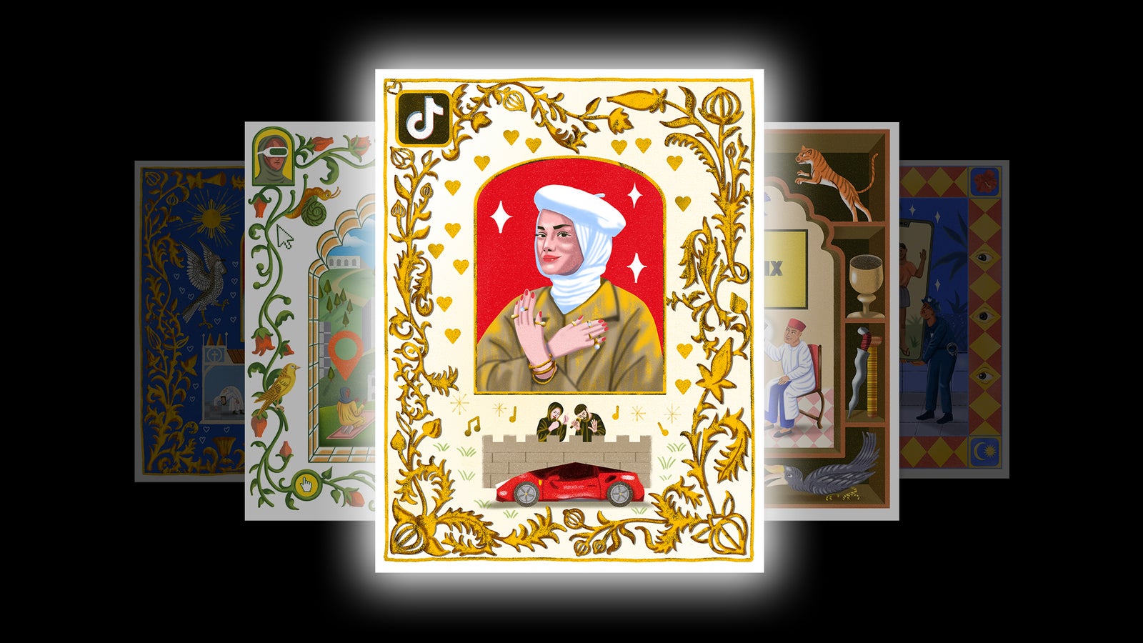 Illustration depicting the Turkish influencer, Şule Kayatürk, she wears a white headdress, and her hands are adorned with bracelets and rings. An expensive red sportscar is in the background.