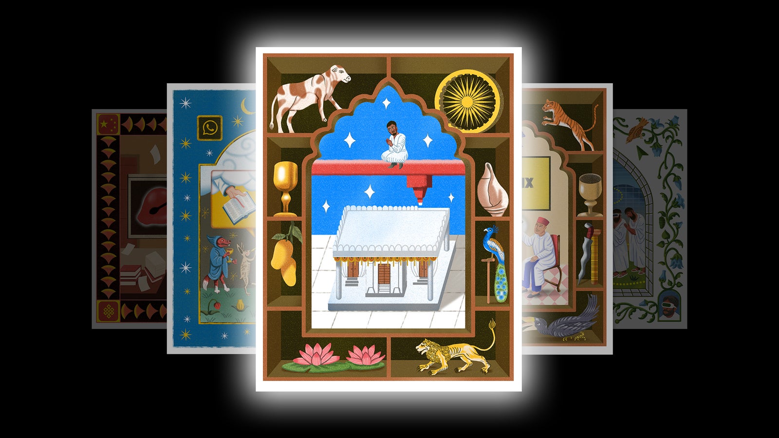 Illustration of a temple being printed from a 3-D printing machine surrounded by Hindu symbols.