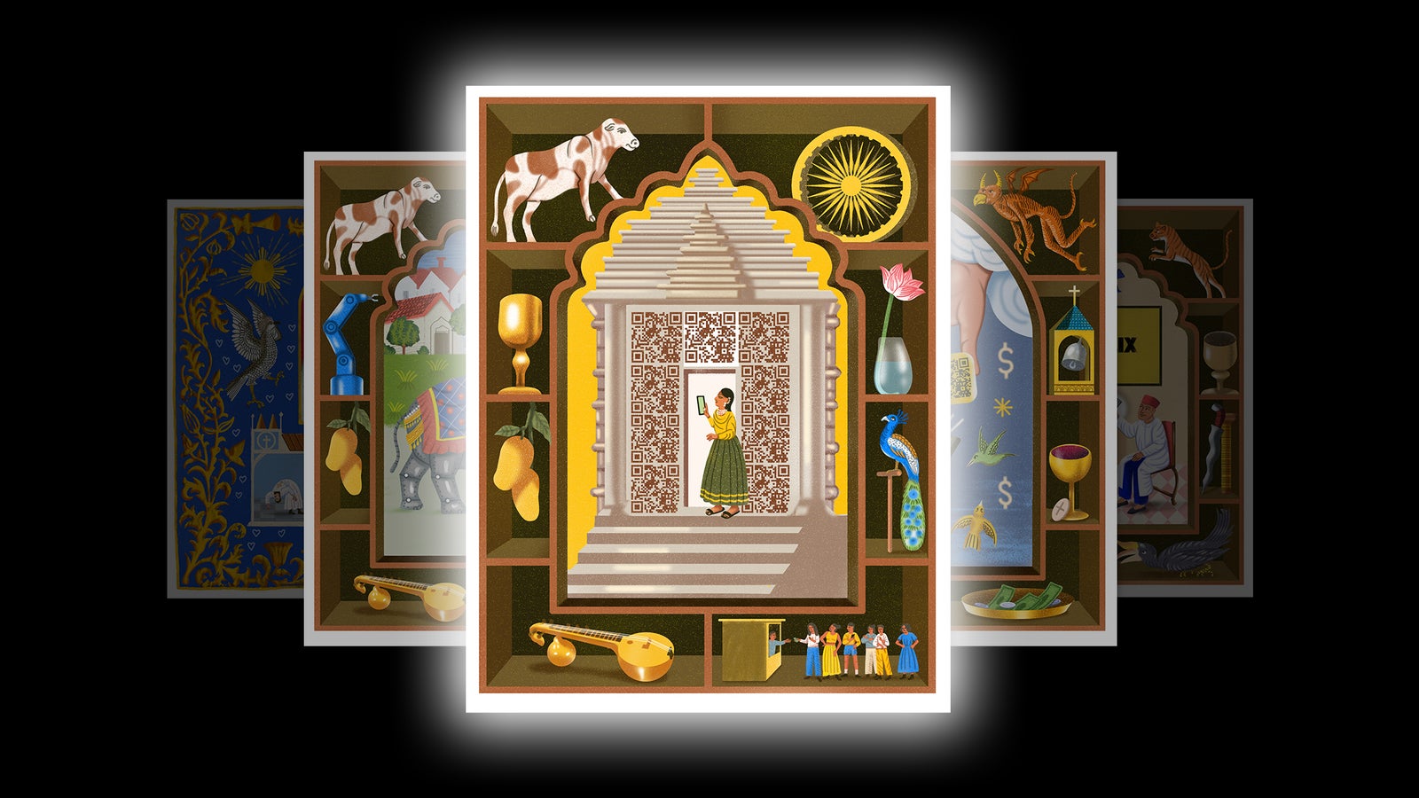 Illustration of a woman in traditional India dress scanning into a temple using a QR code.