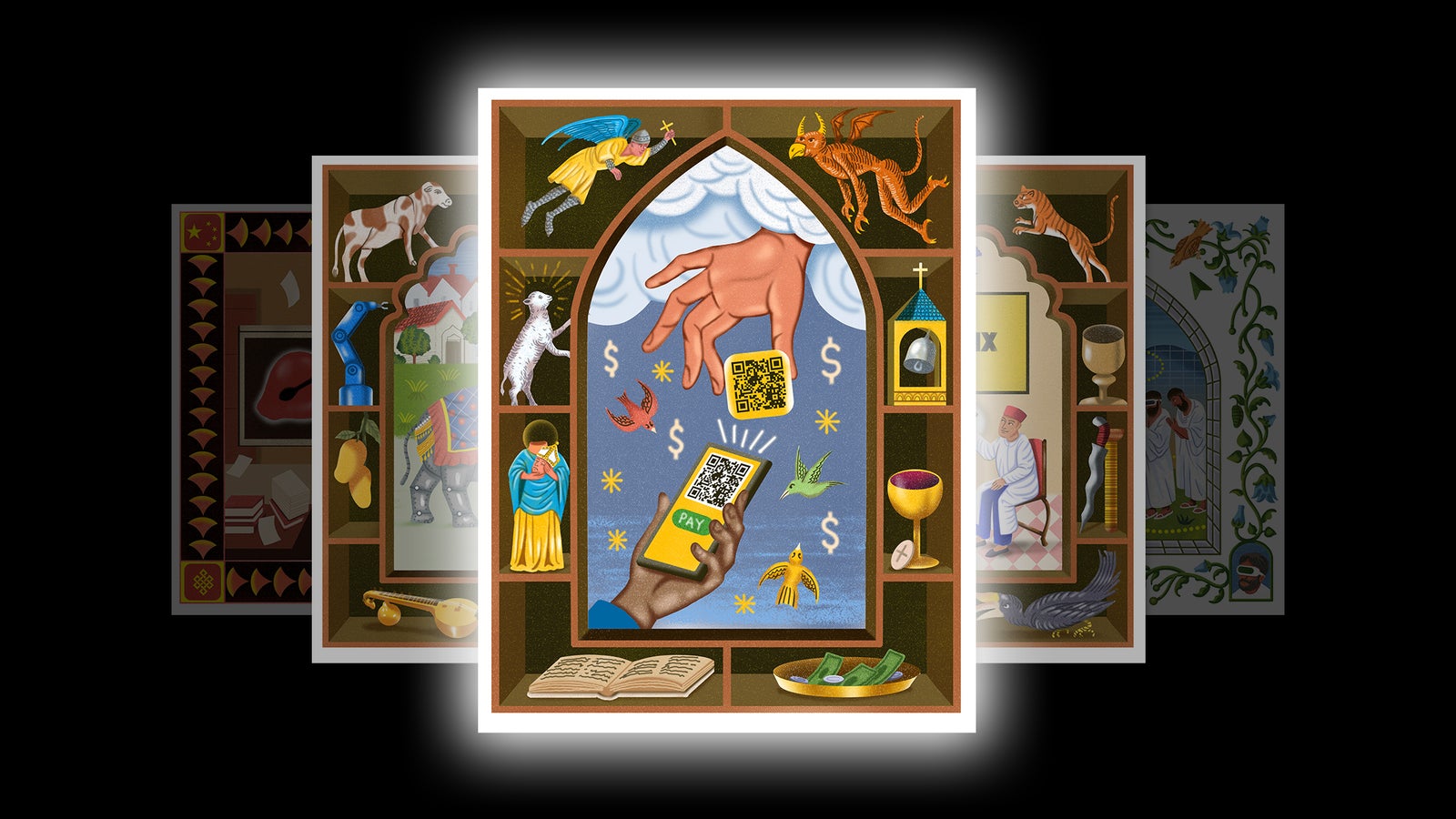Illustration of a hand holding a smartphone displaying a QR code with "PAY" that appears to be scanning a QR code held by hand emerging from the clouds.