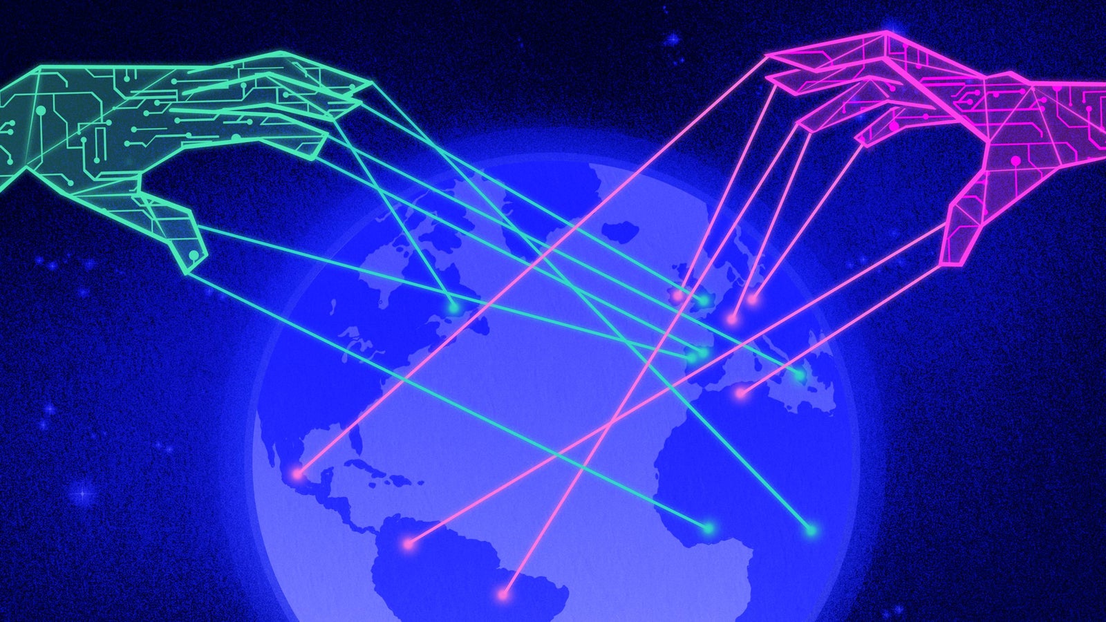 Illustration of a digital globe with two robotic hands, one green and one pink, extending towards each other, connected by multicolored beams of light, symbolizing global connectivity and technology.