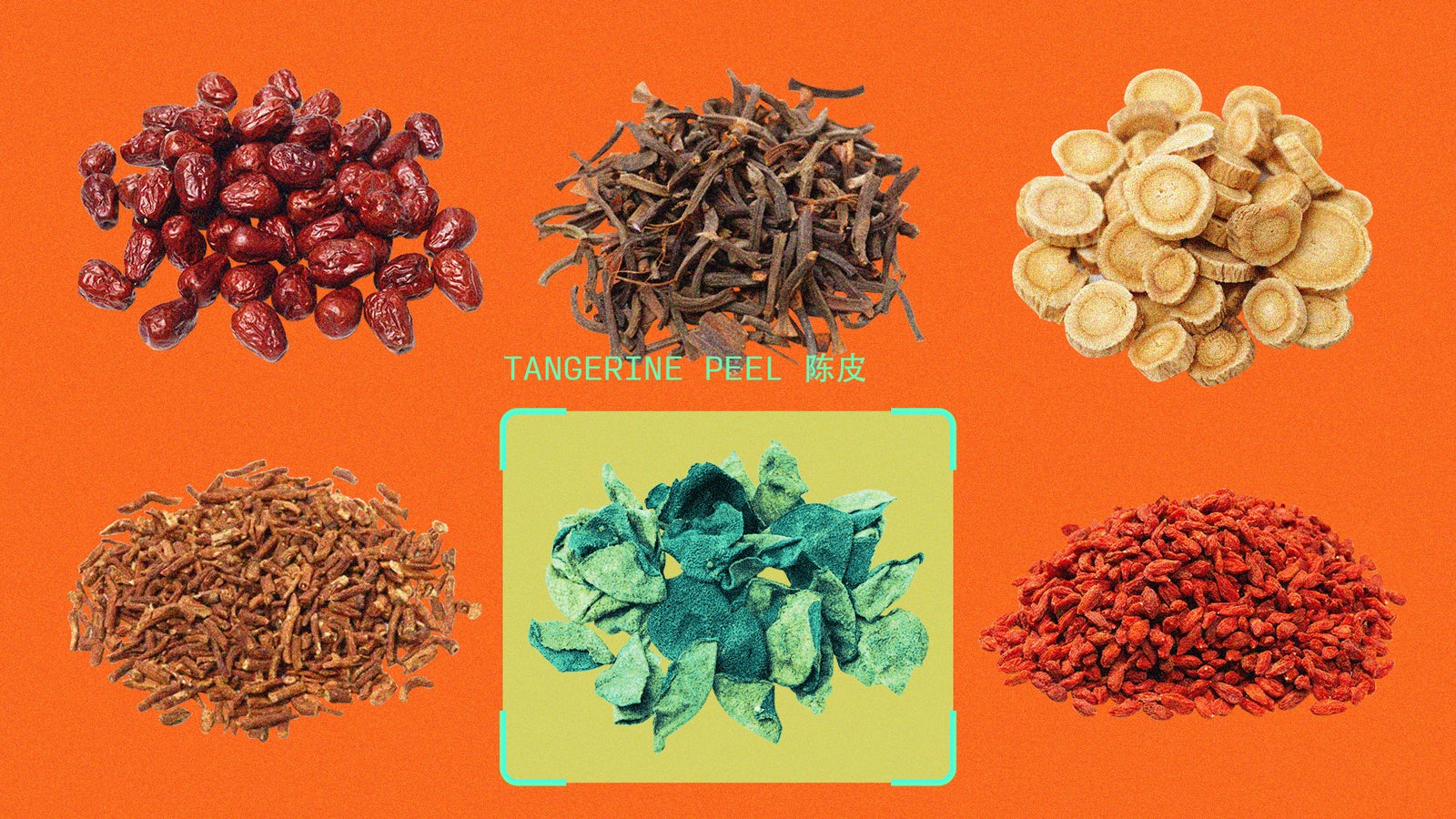 Various spices are arranged on a bright orange background, labeled "Tangerine Peel," including dried fruit, cloves, and herbs.