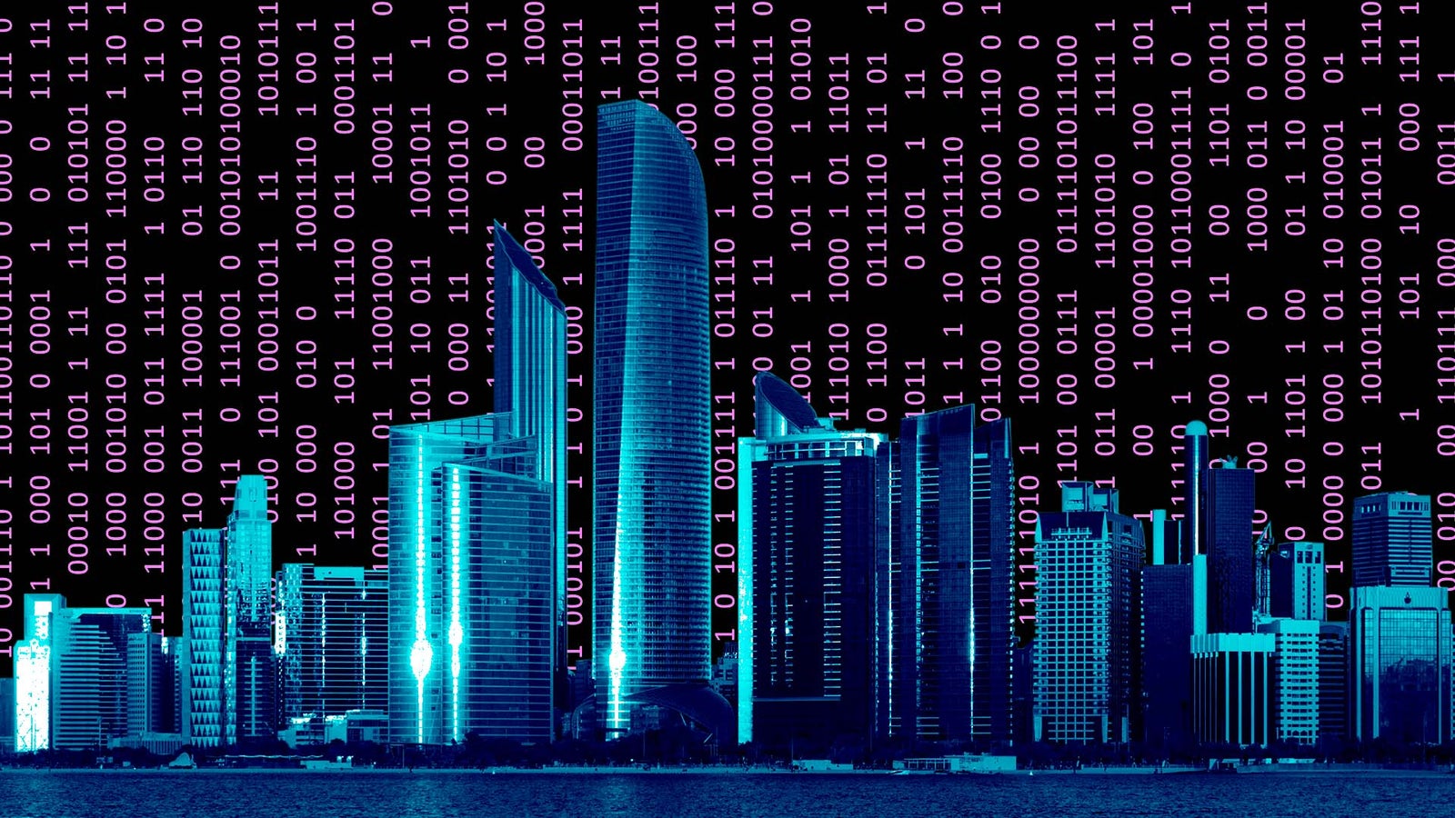 A city skyline featuring modern skyscrapers in various architectural styles against a background filled with pink binary code.