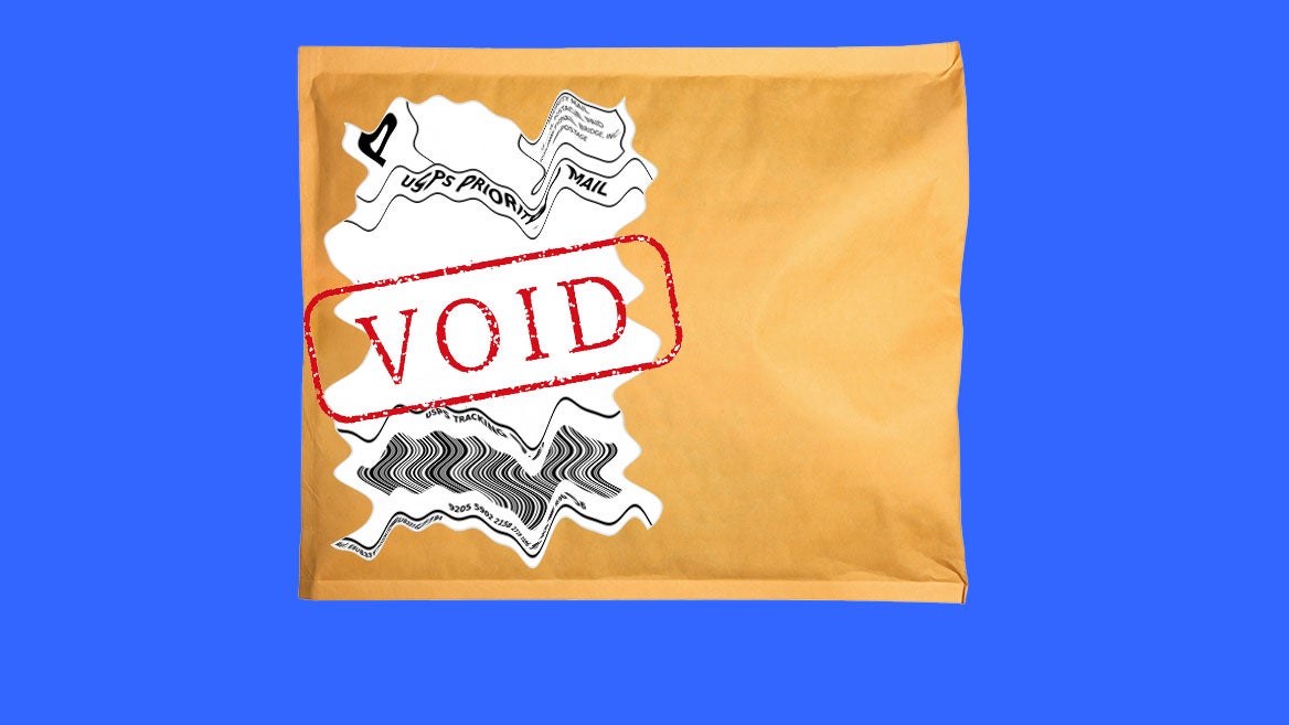 A brown envelope with a red VOID stamp and scraps of paper featuring USPS-related text and designs scattered on it. The background is a solid blue color.