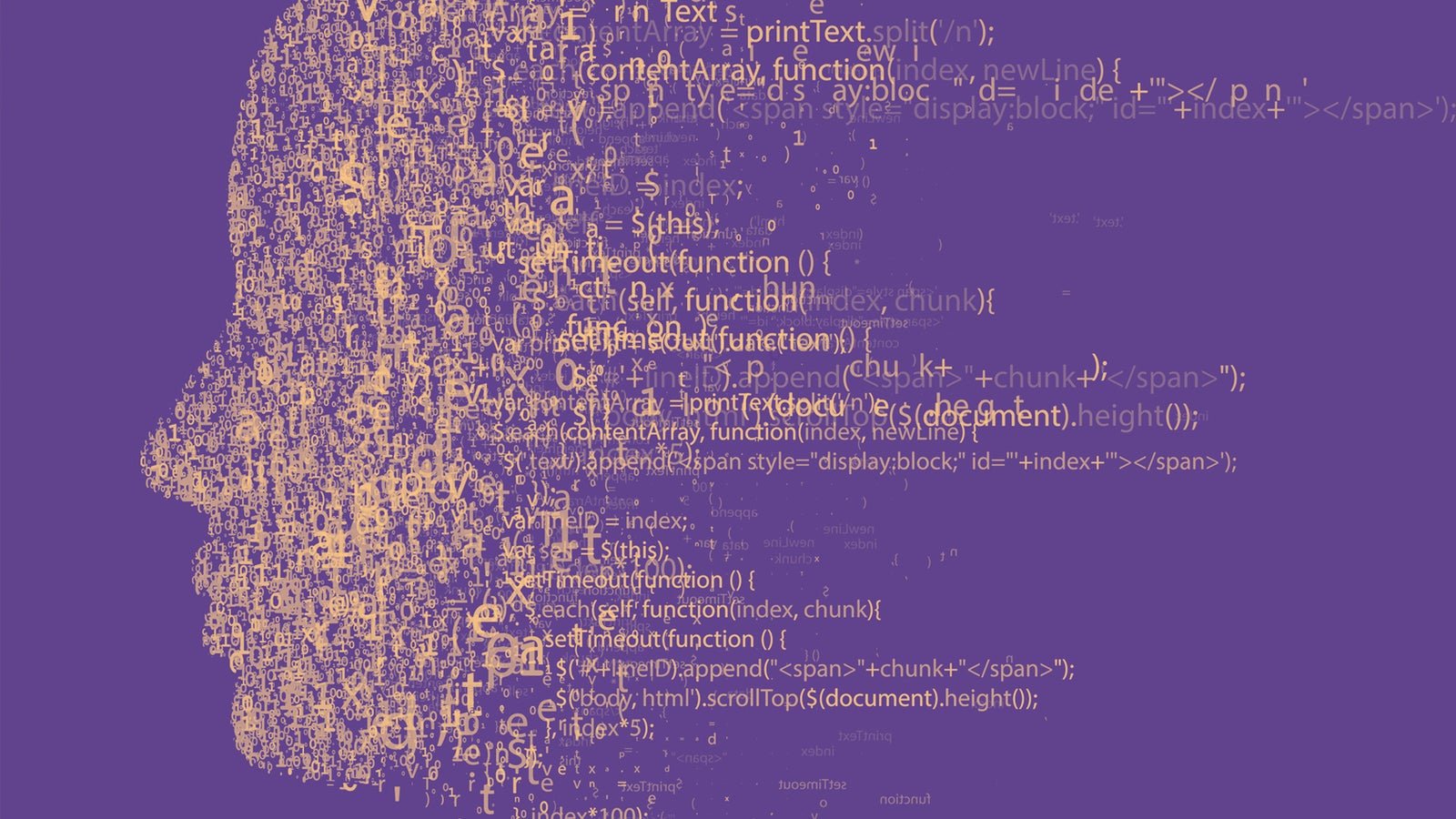 Silhouette of a head composed of code and digits on a purple background, representing digital themes.