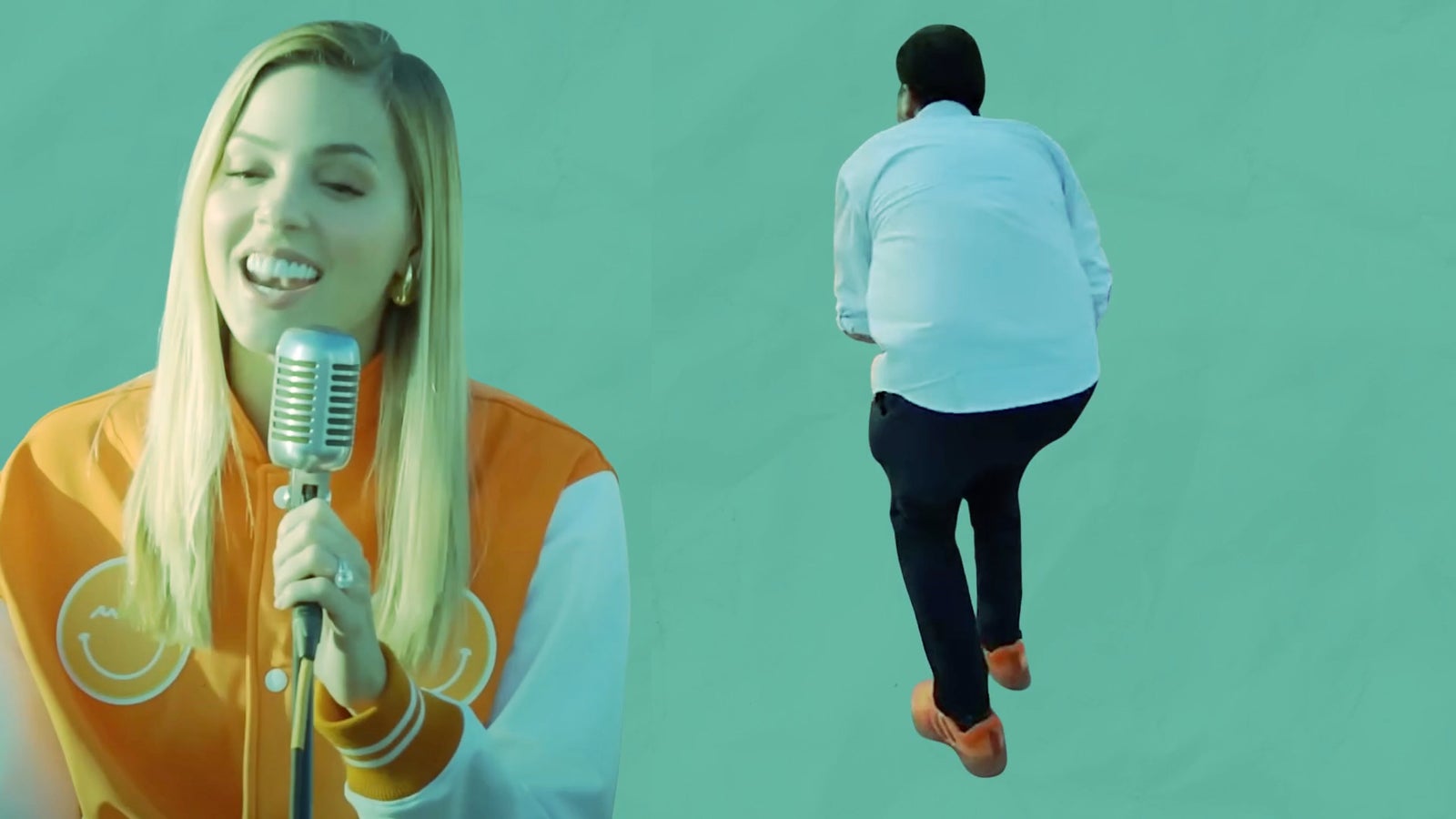 A photo collage showing a woman singing into a microphone on the left and the back of a man dancing in the center, against a green background.