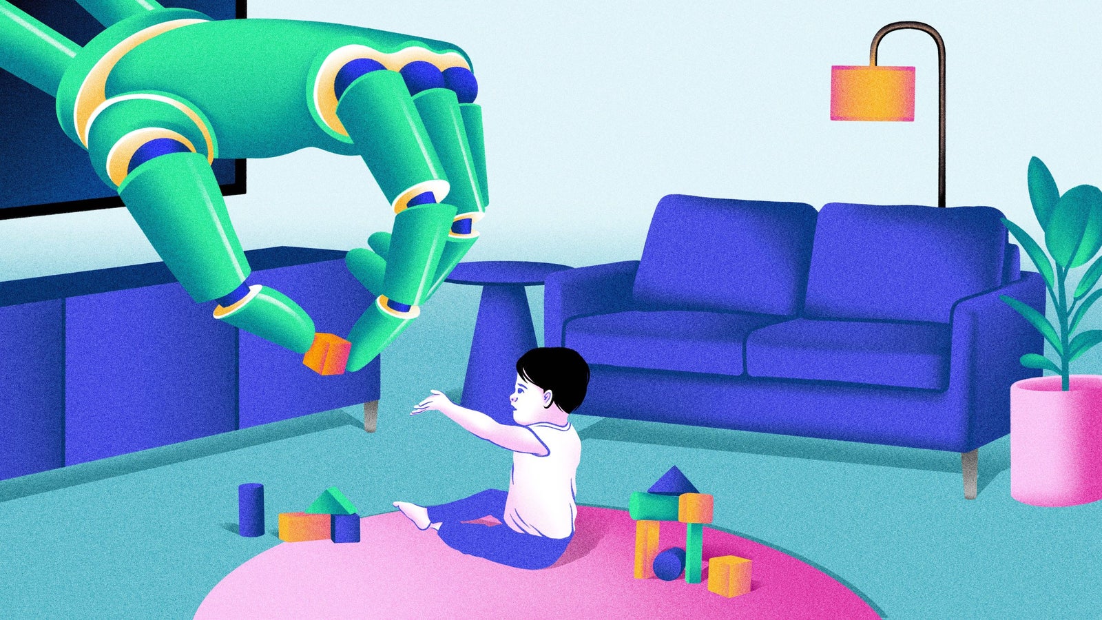 A colorful illustration featuring a young child sitting on a round pink rug, reaching out towards a large robotic arm that is extending towards him to pick up a block. In the background, there is a blue sofa, a small table, a lamp, and building blocks scattered on the floor, creating a playful indoor setting.