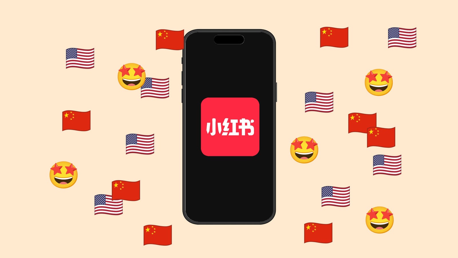 A smartphone displaying a red app icon with the Xiaohongshu logo, surrounded by American and Chinese flags and smiling emojis with starry eyes.