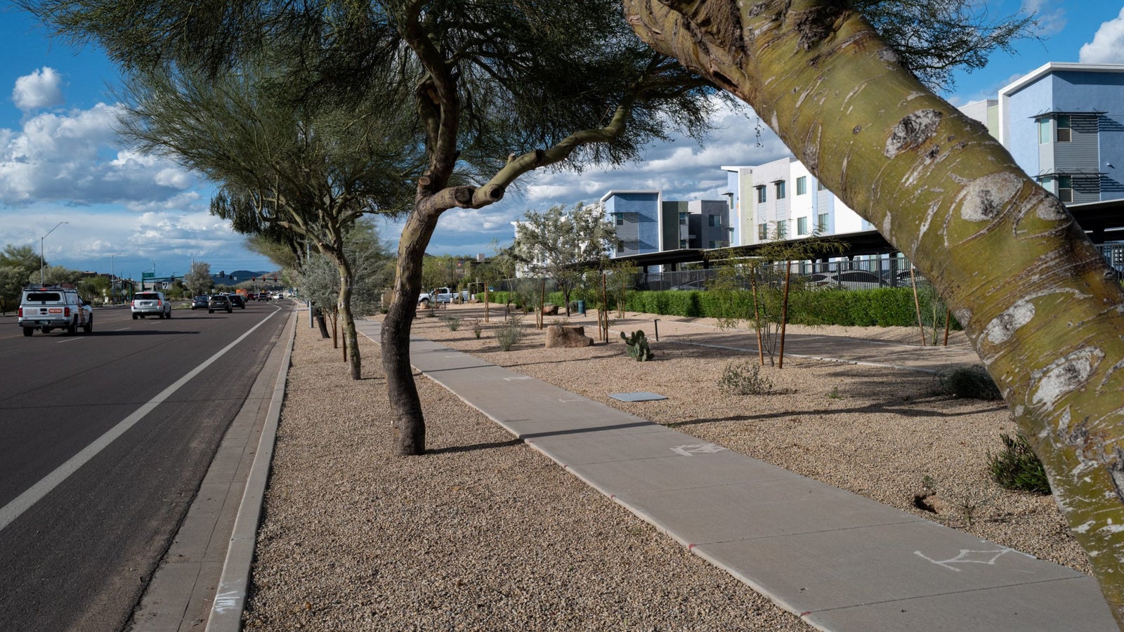 A photograph of an apartment complex with neatly landscaped desert plants and cars driving past it on a large, multi-lane street.