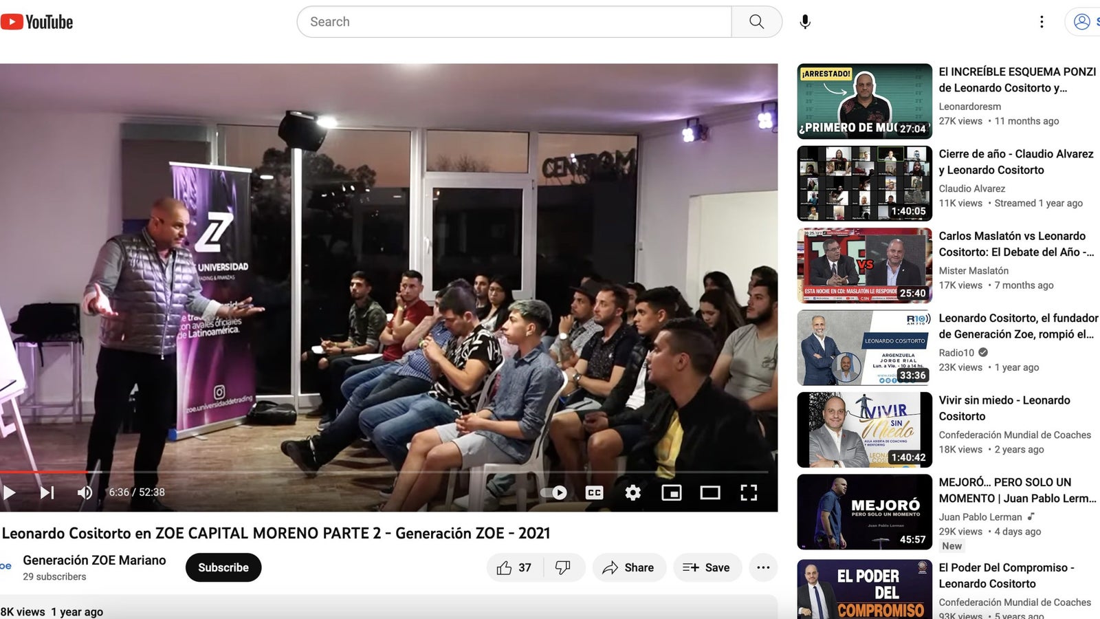 A screenshot from Youtube showing a man speaking to a crowd about Generation Zoe in Argentina.