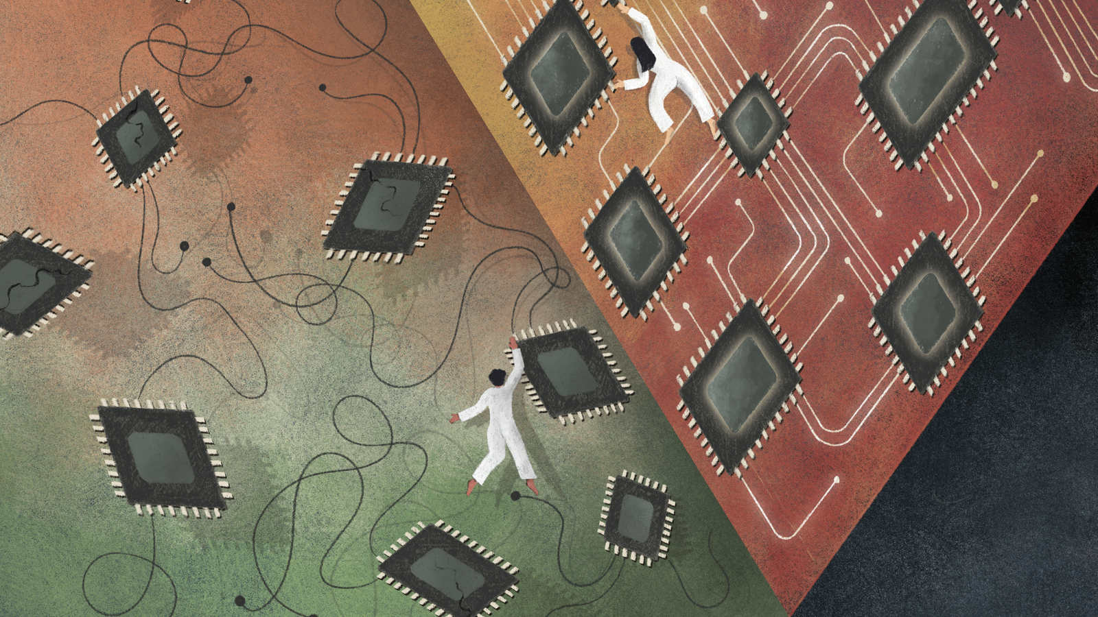 An illustration depicting two figures in white coats navigating a stylized circuit board landscape divided into green and reddish sections, with black circuit chips and tangled wires. One figure appears to be climbing among chips on the yellow and red side, while the other is dangling on the orange, white and green side, holding onto the circuits.