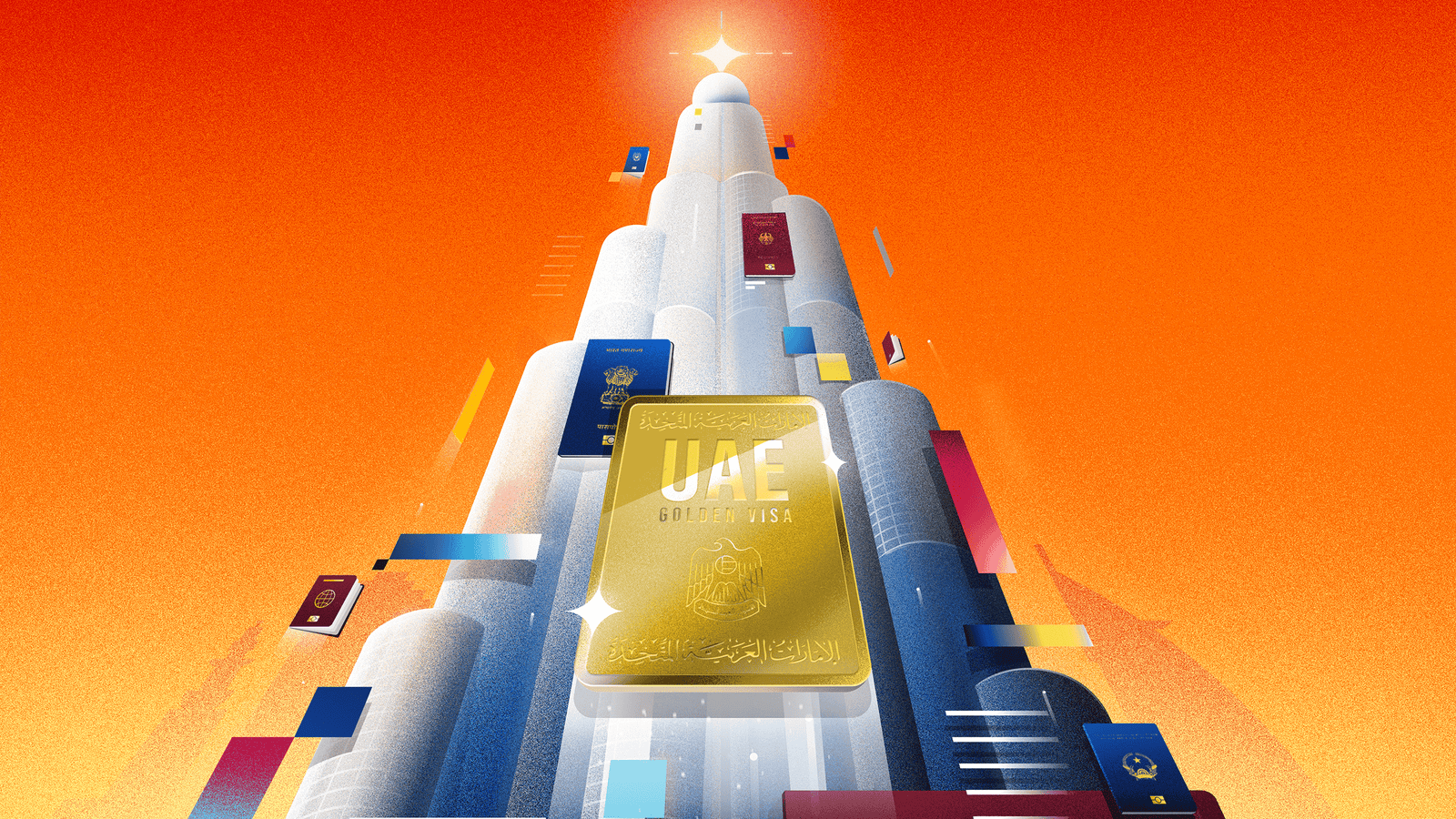 An artistic illustration of a tall, white skyscraper set against an orange background, featuring a large, golden card labeled 'UAE GOLDEN VISA' at the forefront, surrounded by various colored passport designs ascending the structure.