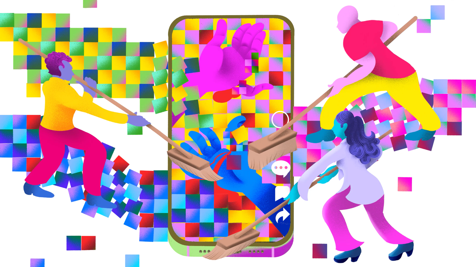 Four colorful, abstract figures with brooms are actively cleaning or sweeping pixelated graphics surrounding a smartphone, which displays vibrant squares in various shades.