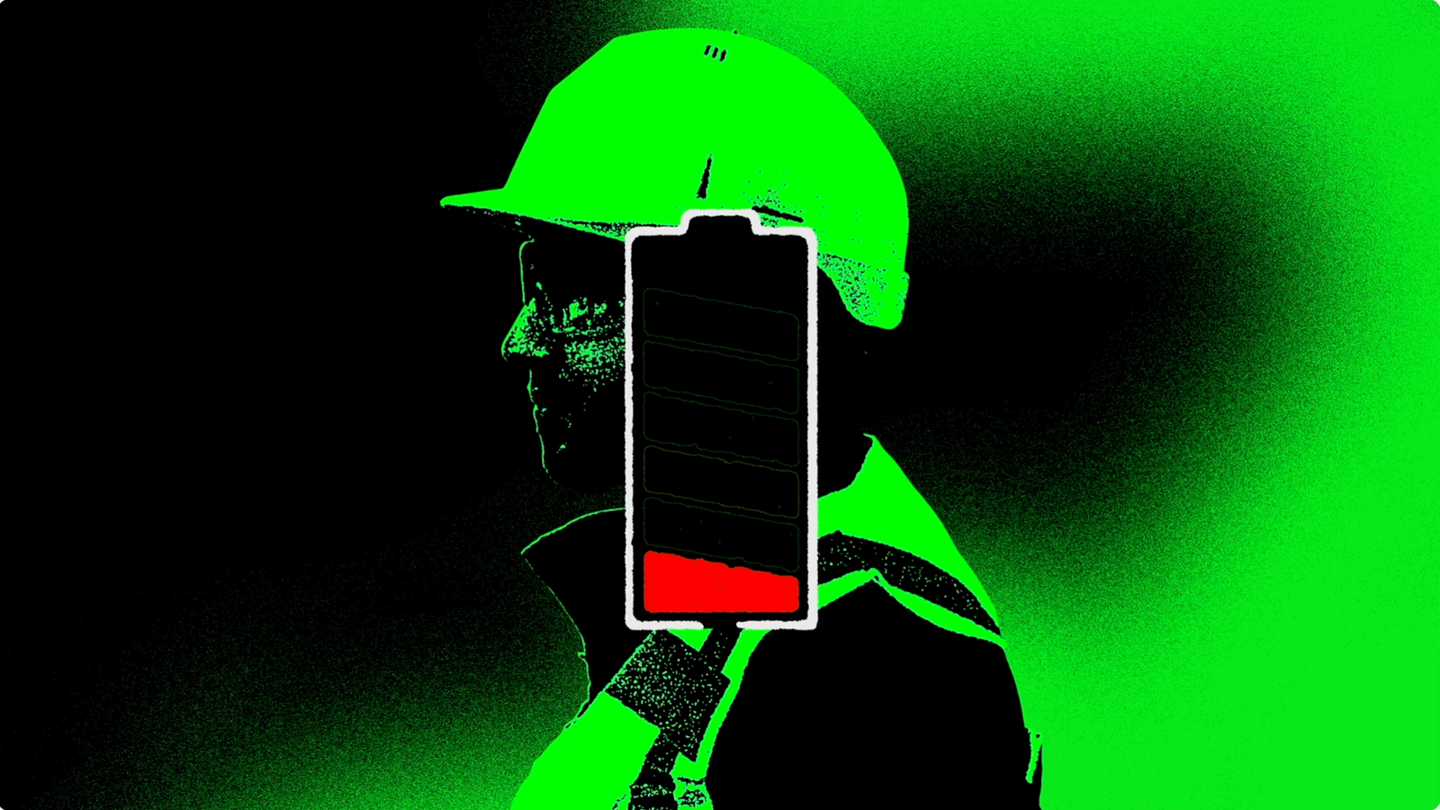 A silhouette of a person wearing a construction helmet, with a battery icon superimposed on the head, showing a low charge indicated by a red section, set against a gradient green and black background.