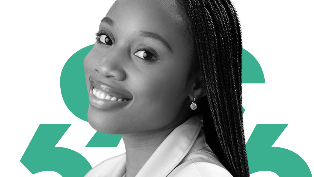 A black and white headshot of Fatima Tambajang on a transparent background and teal diacritics.
