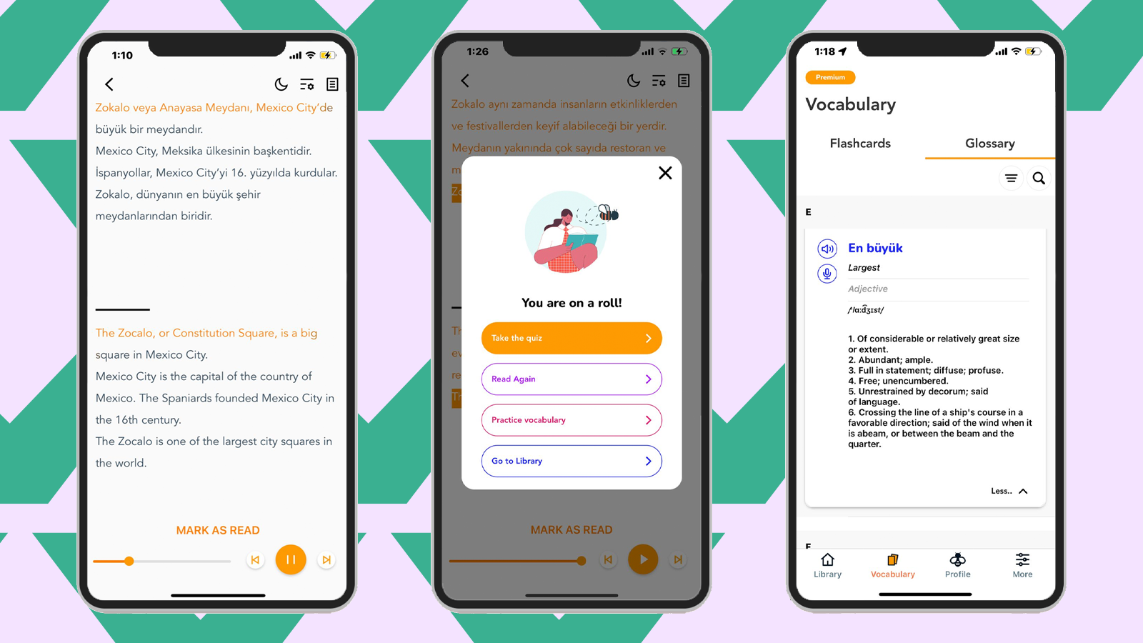 A collage of three screenshots from the Beelinguapp app placed inside wireframes of iPhones over a teal and purple background.