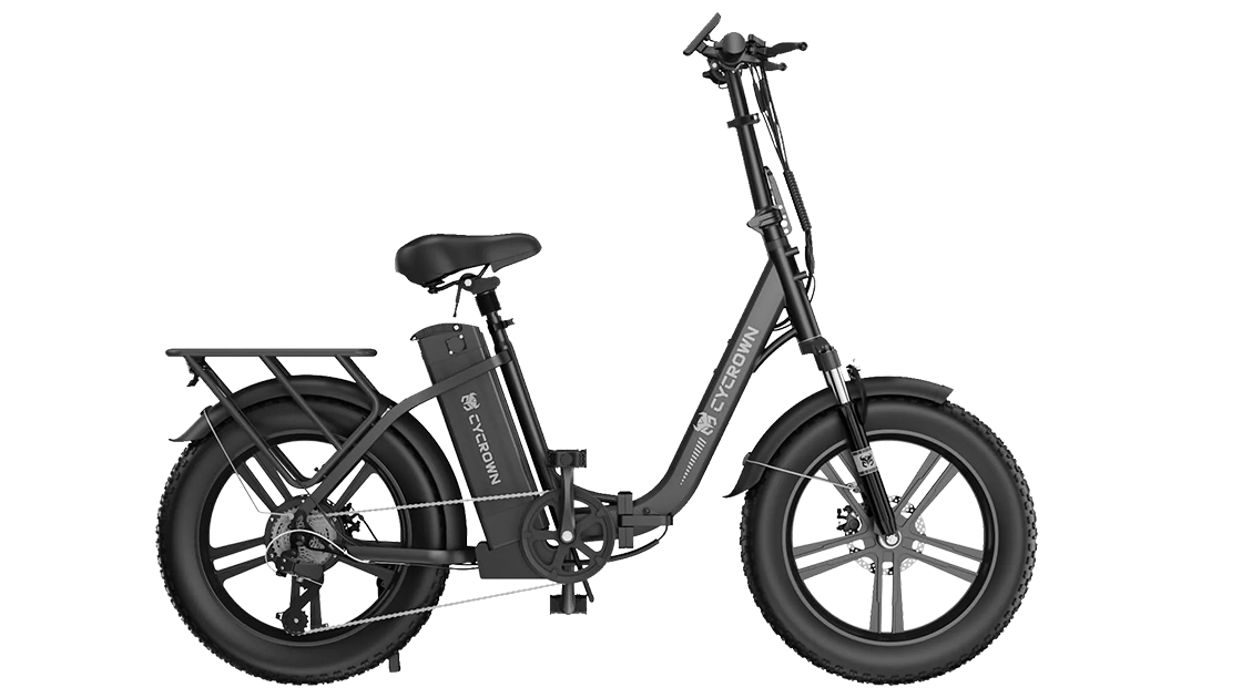 A compact black electric bicycle with thick tires and a mid-frame design, featuring a battery on the rear and a simple handlebar setup.