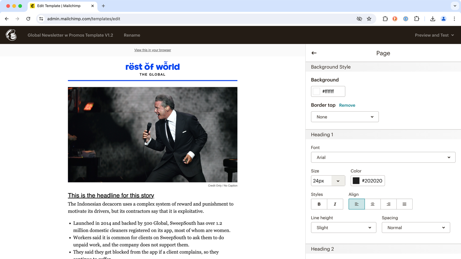 Screenshot of newsletter template in MailChimp editor