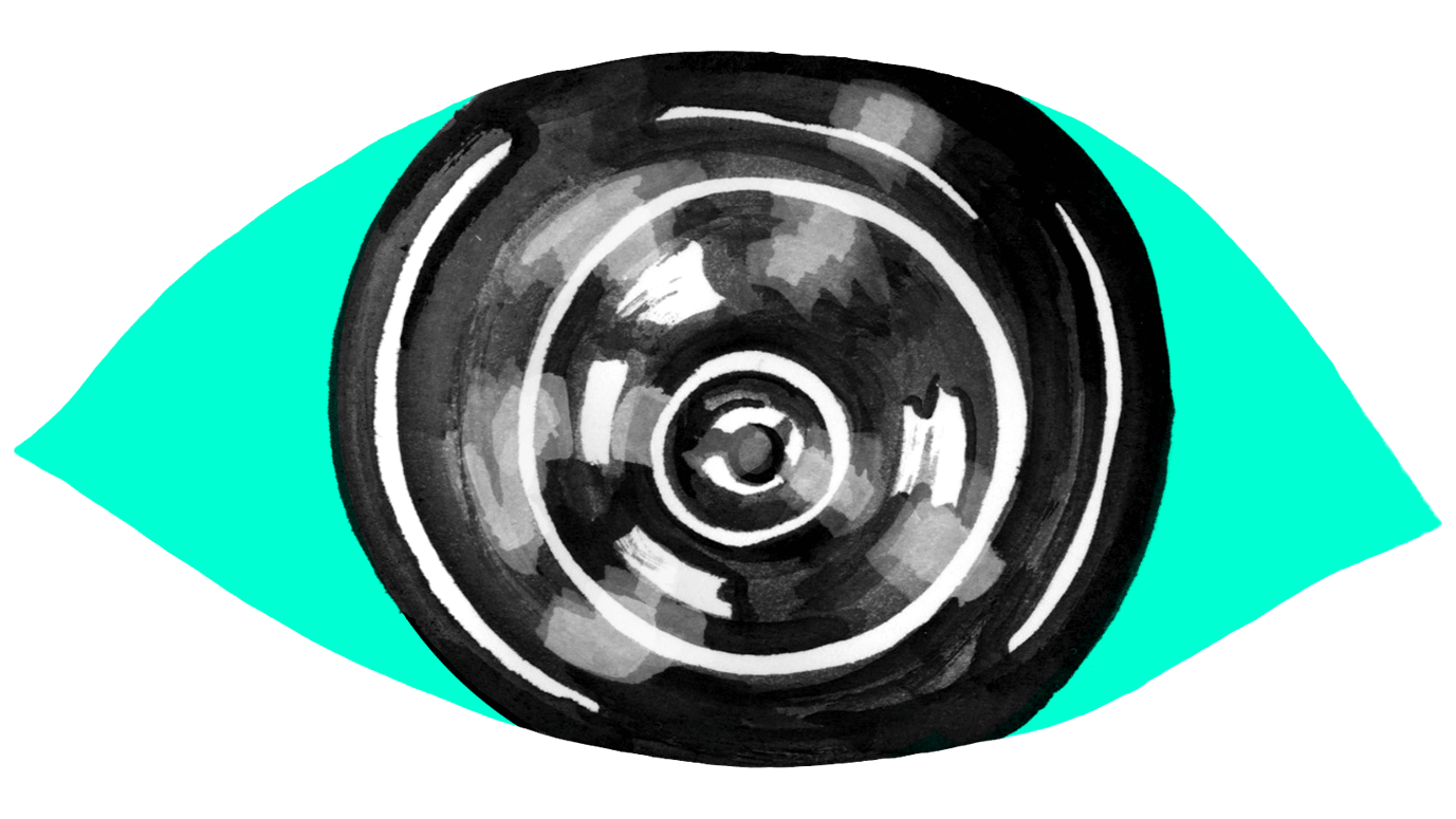 An illustration of a large black and aqua eye.