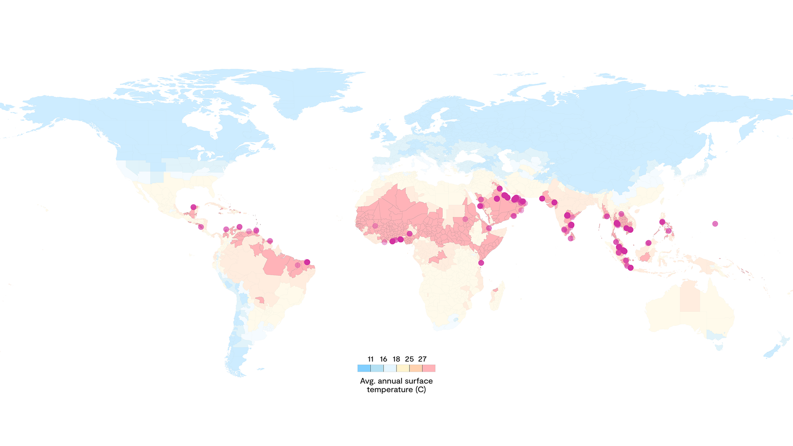 World map showing average annual surface temperatures, with varying shades of pink indicating temperature ranges.