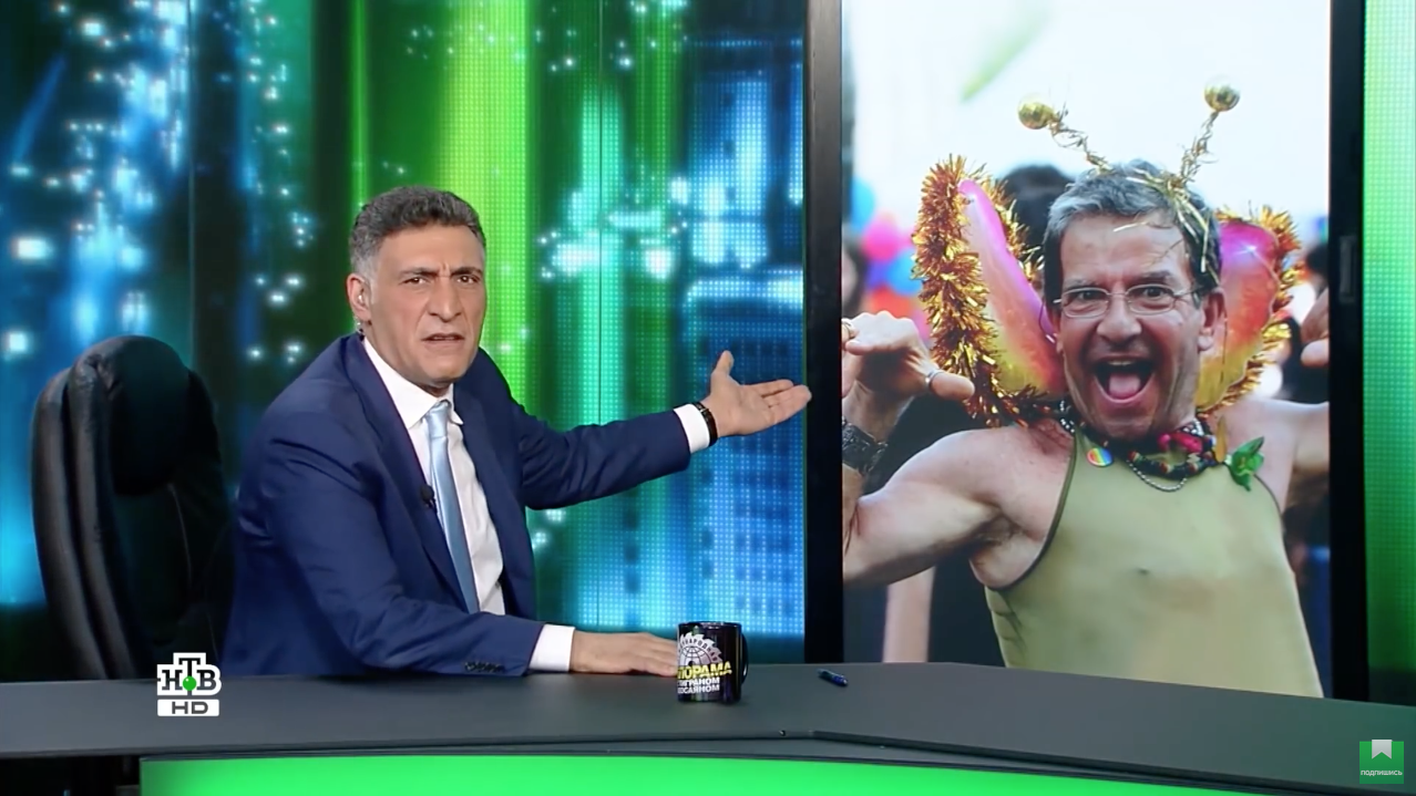 SCreengrab from International Sawmill, a satirical Daily Show–style program hosted by the filmmaker Tigran Keosayan on NTV