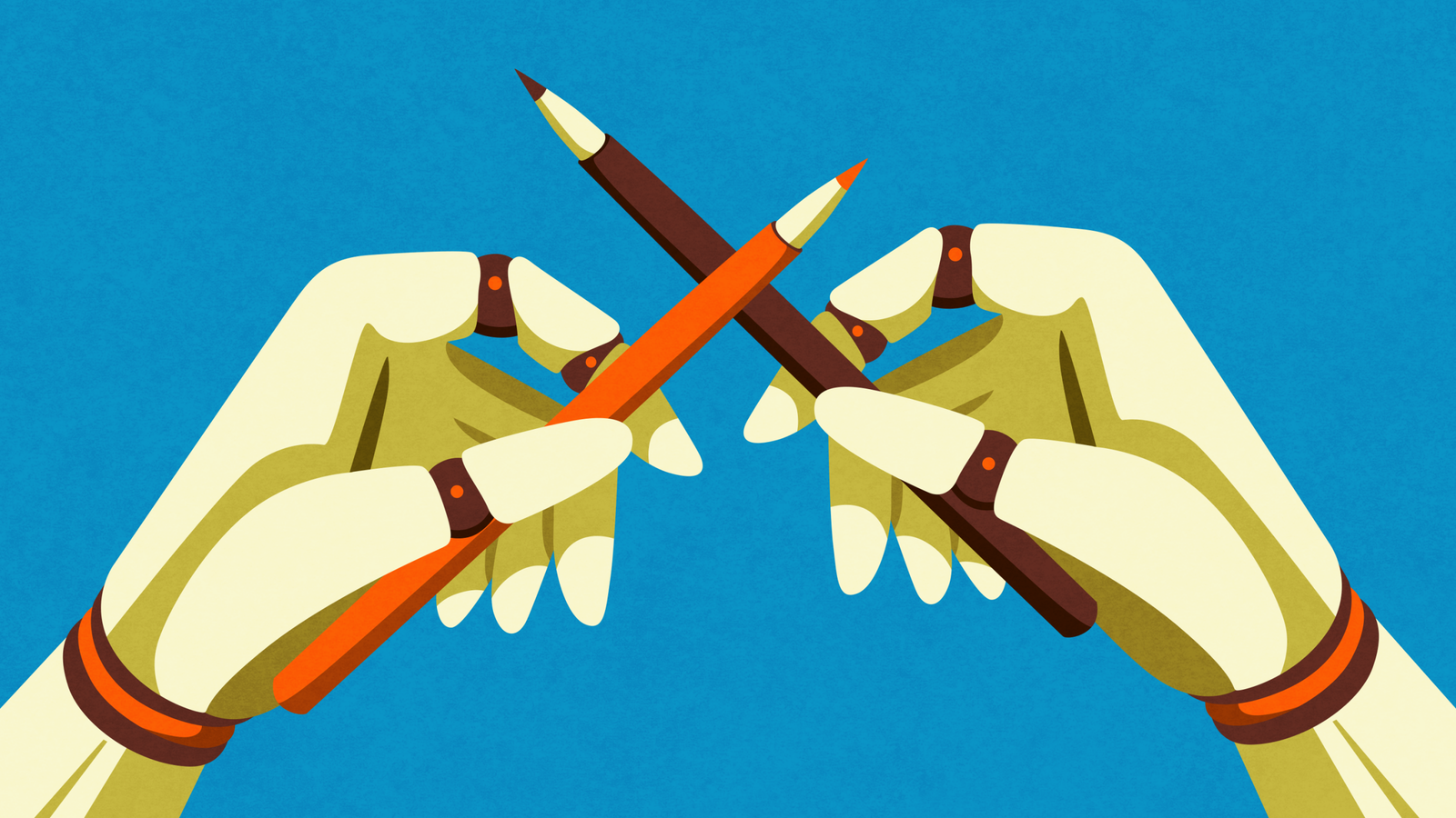 Two stylized hands are crossing colored pencils, one orange and one dark brown, against a bright blue background.