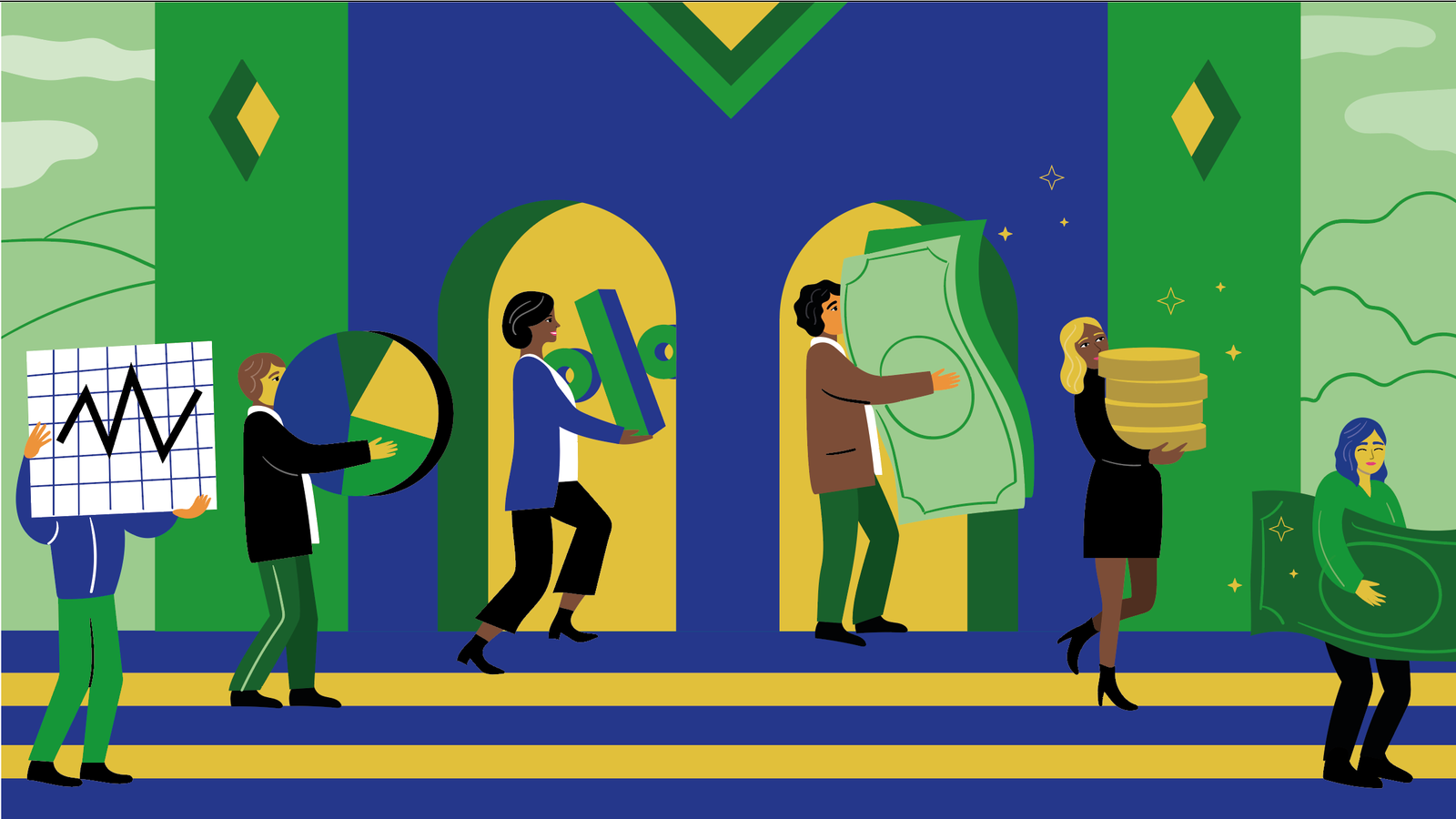 A colorful illustration depicting several individuals carrying various financial symbols, such as a chart with a line graph, a pie chart, large banknotes, stacked coins, and dollar bills, as they approach a grand entrance with two large golden doors against a vibrant blue and green background.