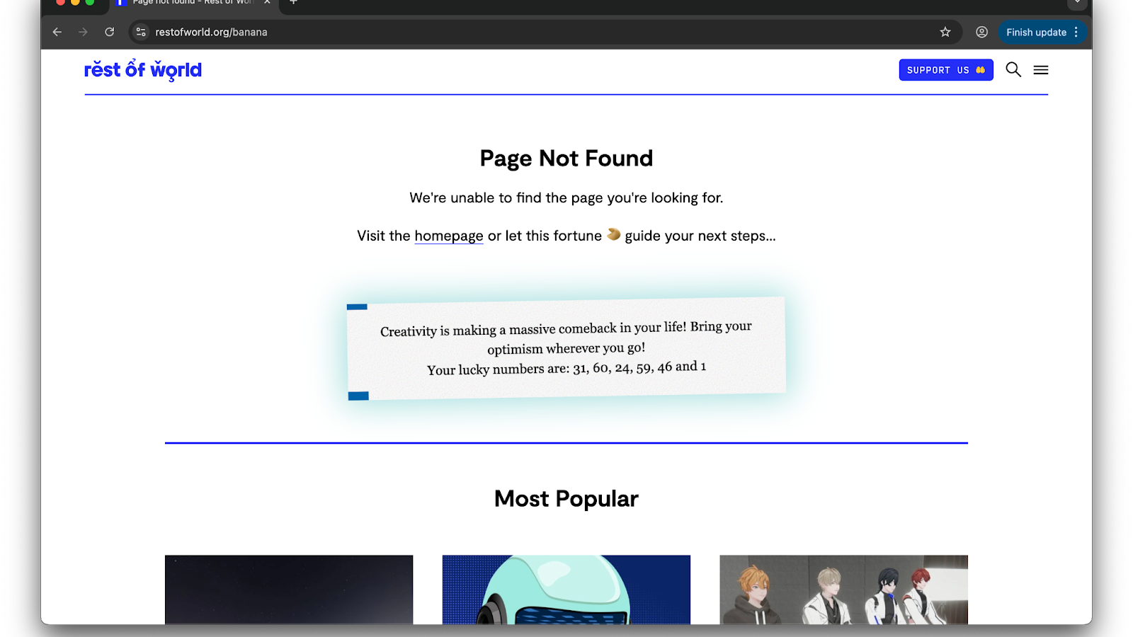 A website displaying a 'Page Not Found' message with a creative fortune and lucky numbers.