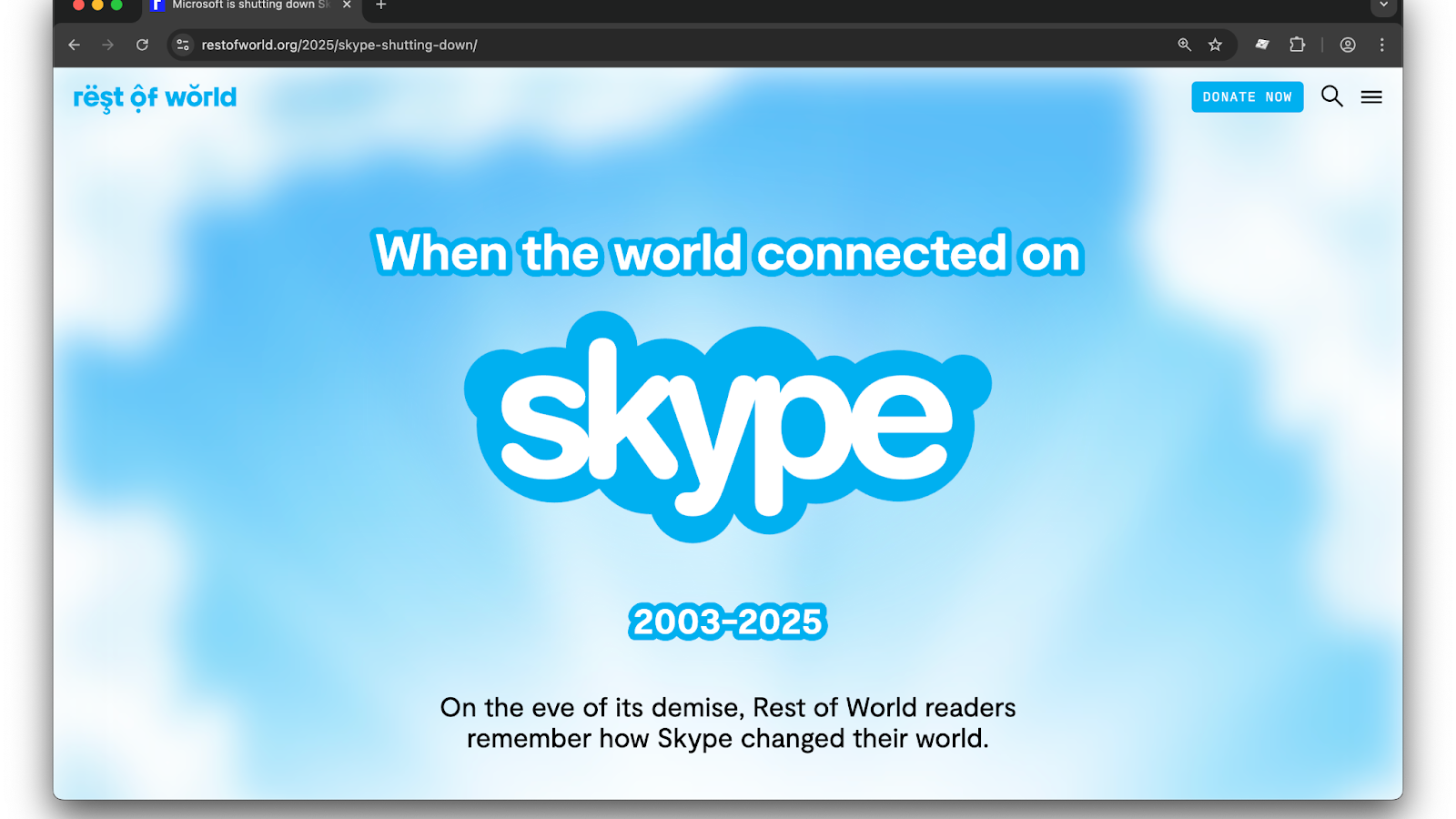 A blue background with white text reads "When the world connected on Skype" with the years "2003-2025" below.