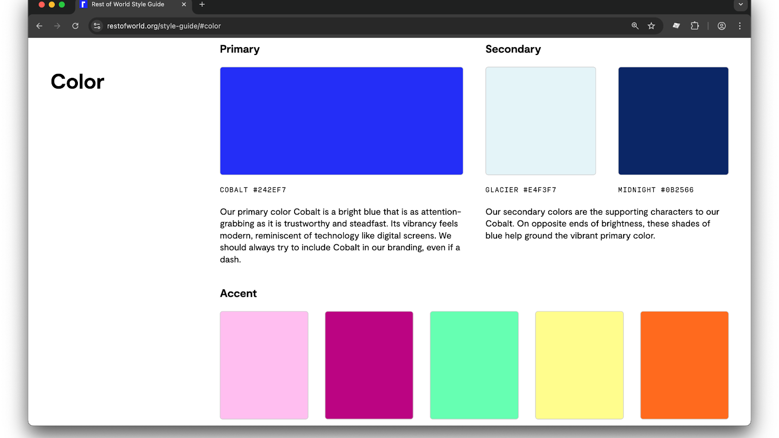 A color palette featuring a bright cobalt blue primary color, with softer secondary colors and various accent shades.