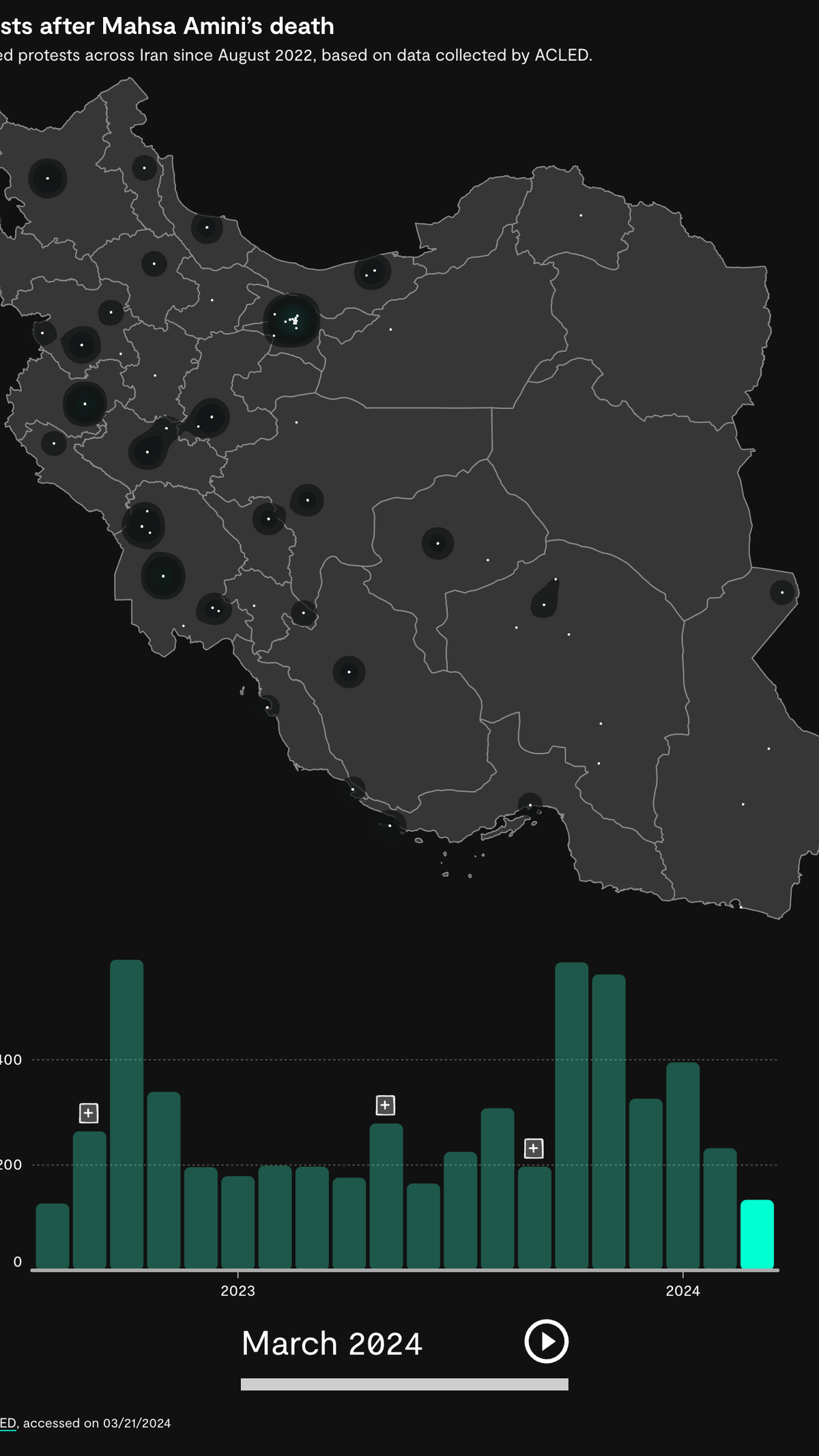 A chart and map showing protests across the country of Iran since early 2023, highlighting the month of March 2024.