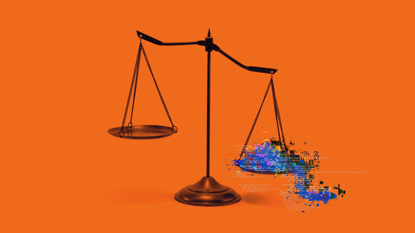 A metallic balance scale with one side empty and the other side displaying a fragmented digital pattern, set against a bright orange background.