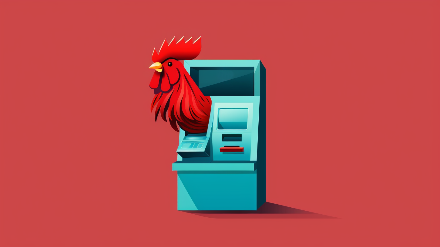 An illustration showing a rooster poking his head out of a light blue ATM against a plain red background.